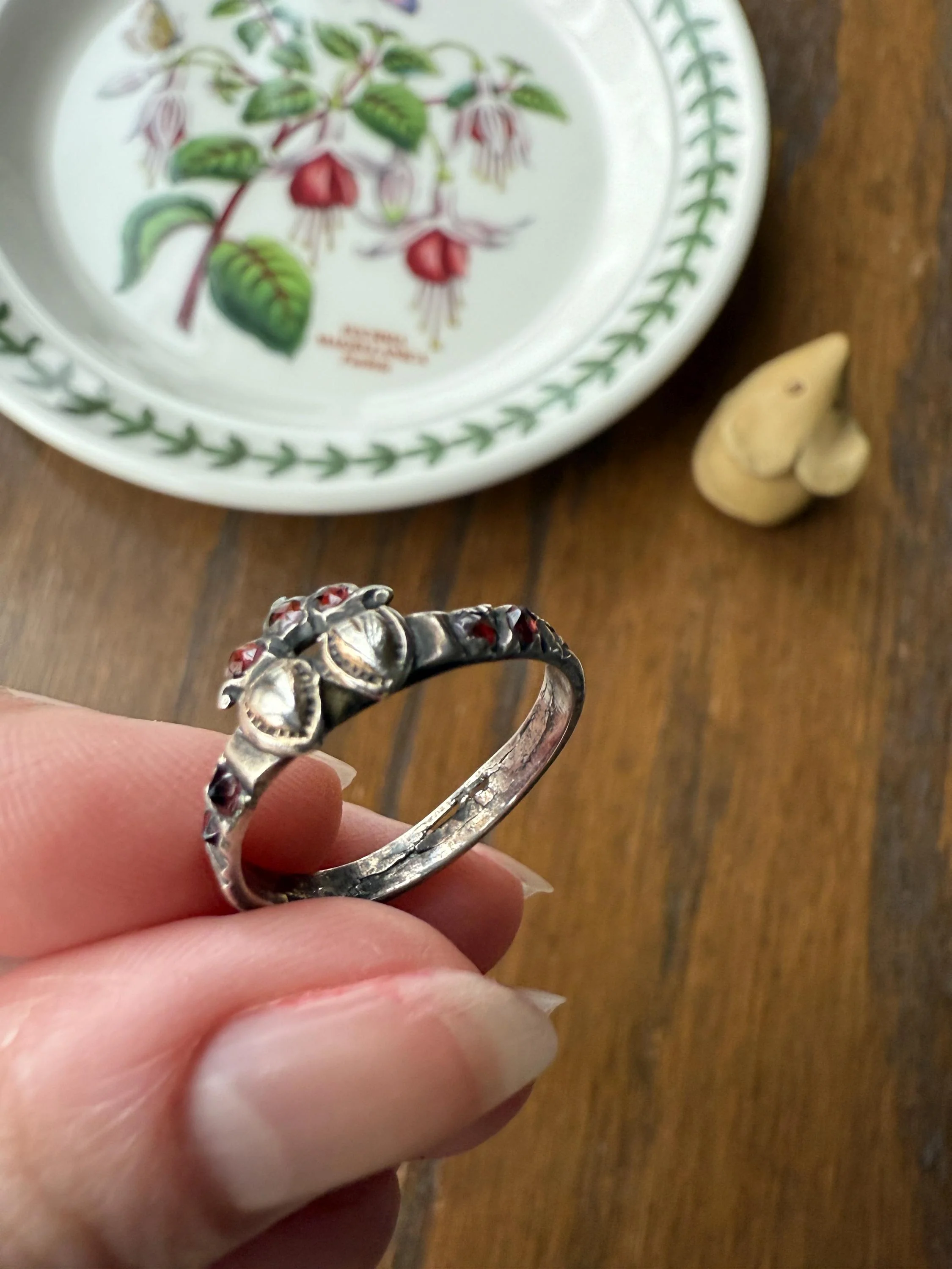 Duchess Anne Victorian Antique Crowned Two Hearts Garnets French Betrothal Ring Solid Silver Figural Traditional Engagement Unique Stacker - Image 6