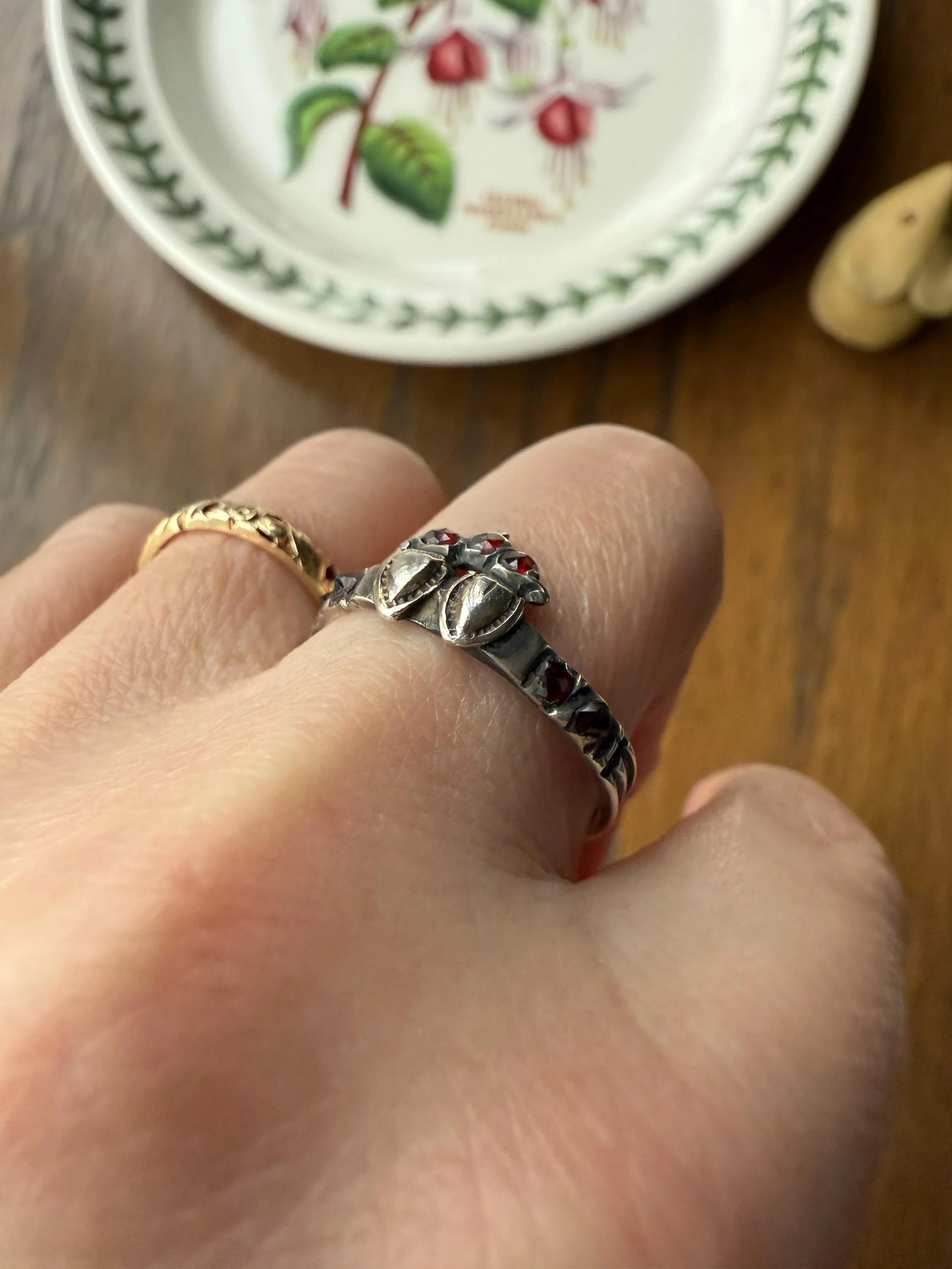 Duchess Anne Victorian Antique Crowned Two Hearts Garnets French Betrothal Ring Solid Silver Figural Traditional Engagement Unique Stacker - Image 9