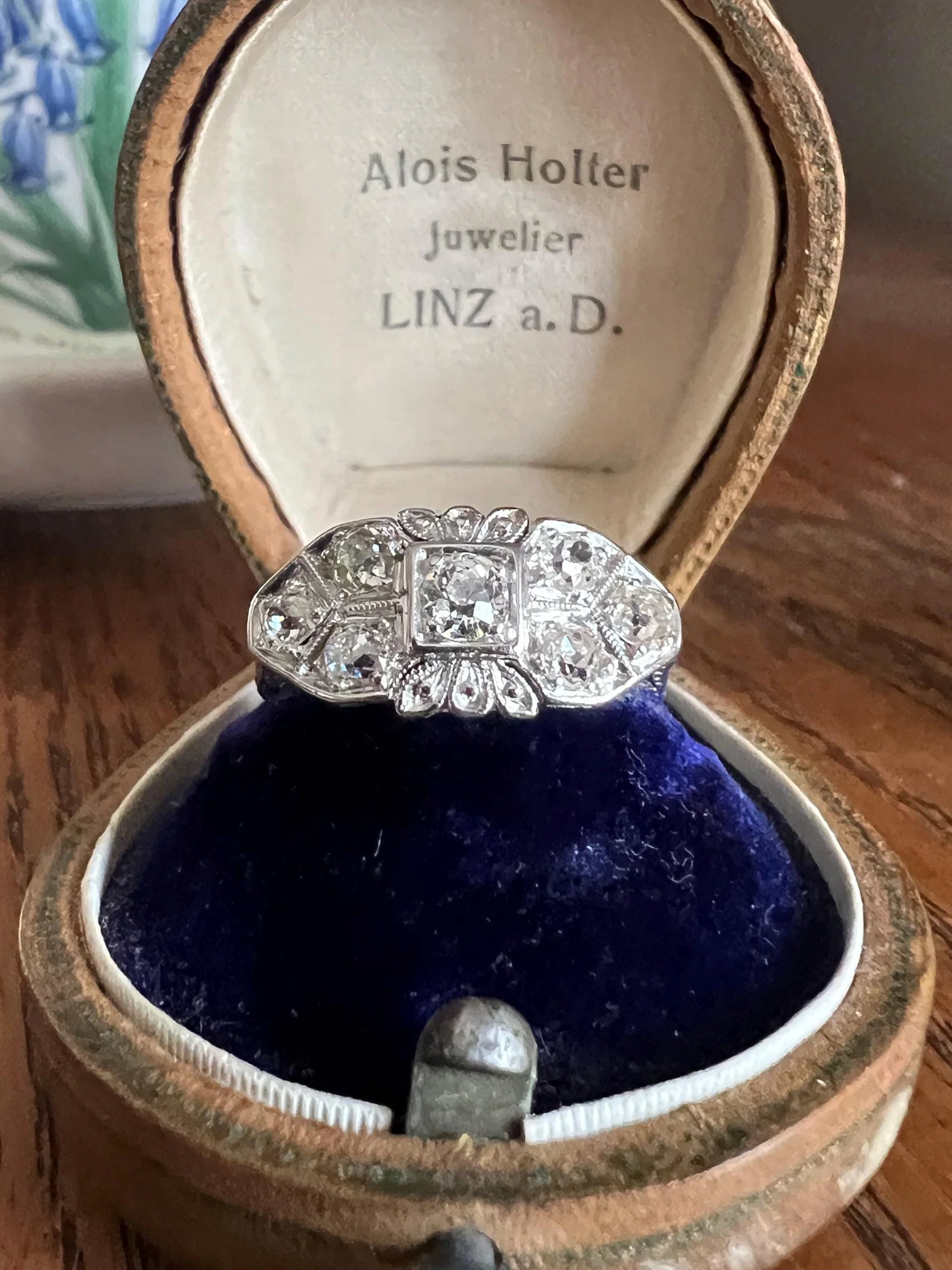 East West Forget Me Not Floral Antique 1.1 Carat Old Mine Cut DIAMOND Seven Stone Cluster Platinum Ring Edwardian Engraved