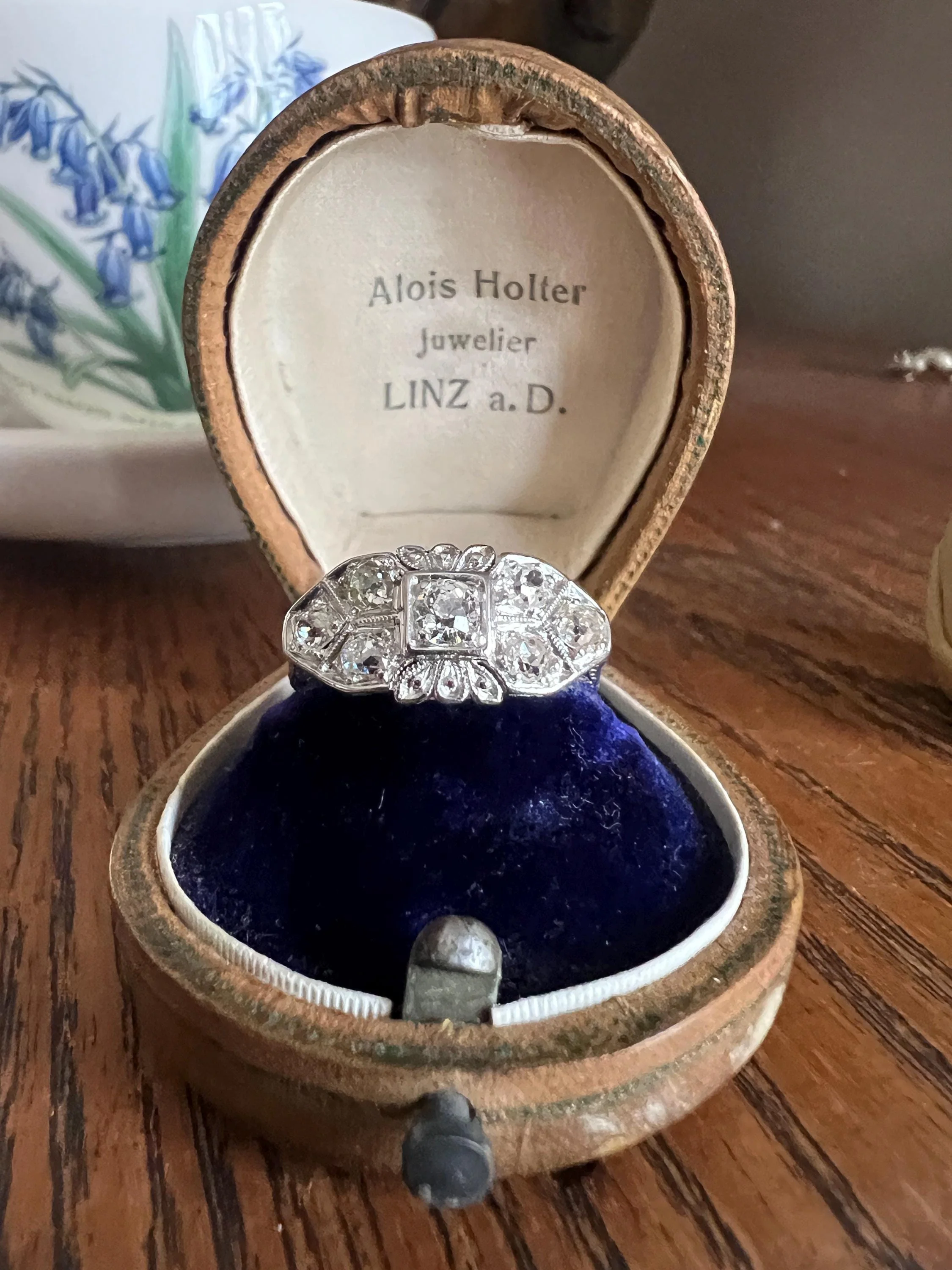 East West Forget Me Not Floral Antique 1.1 Carat Old Mine Cut DIAMOND Seven Stone Cluster Platinum Ring Edwardian Engraved - Image 11
