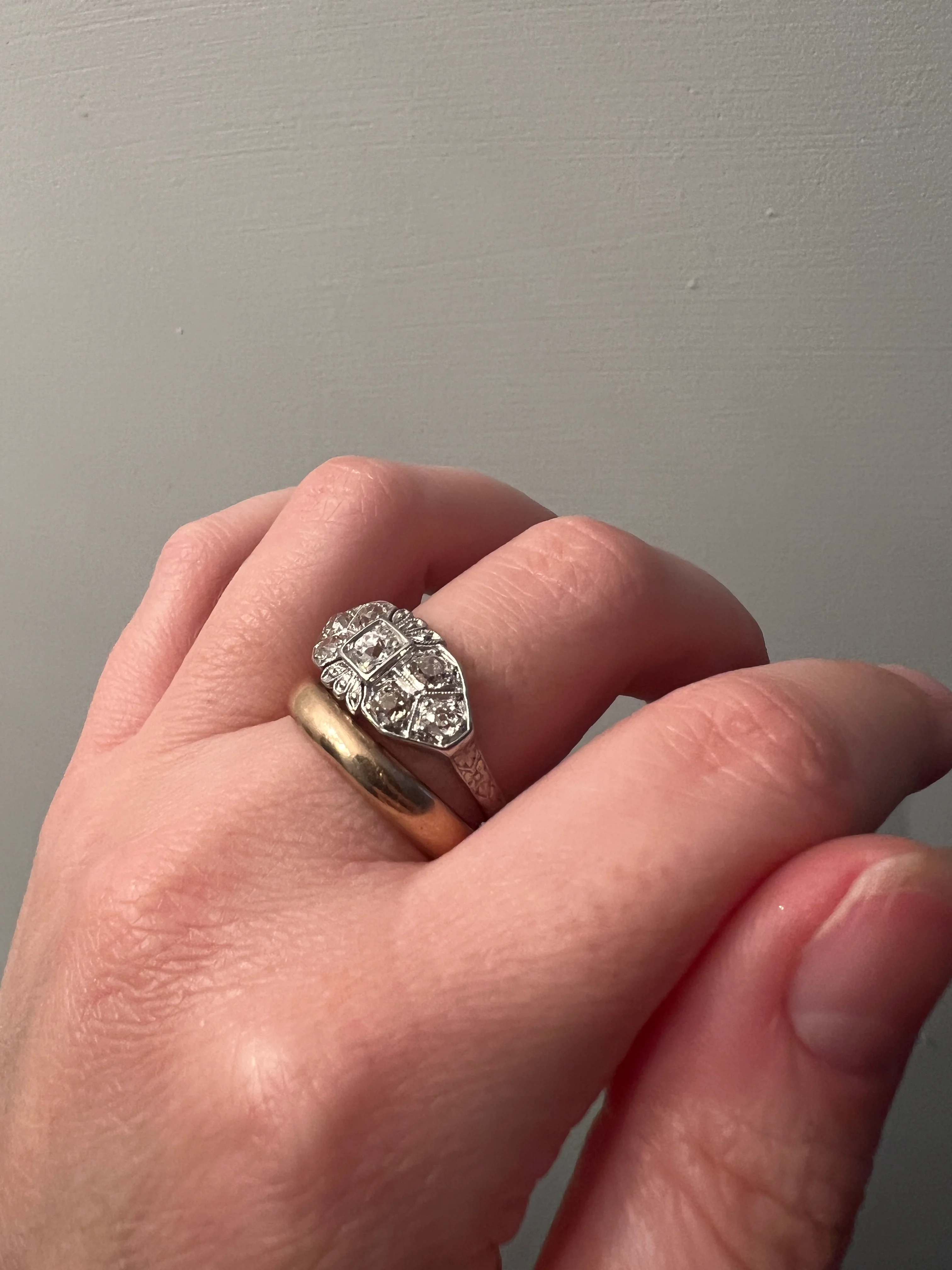East West Forget Me Not Floral Antique 1.1 Carat Old Mine Cut DIAMOND Seven Stone Cluster Platinum Ring Edwardian Engraved - Image 12