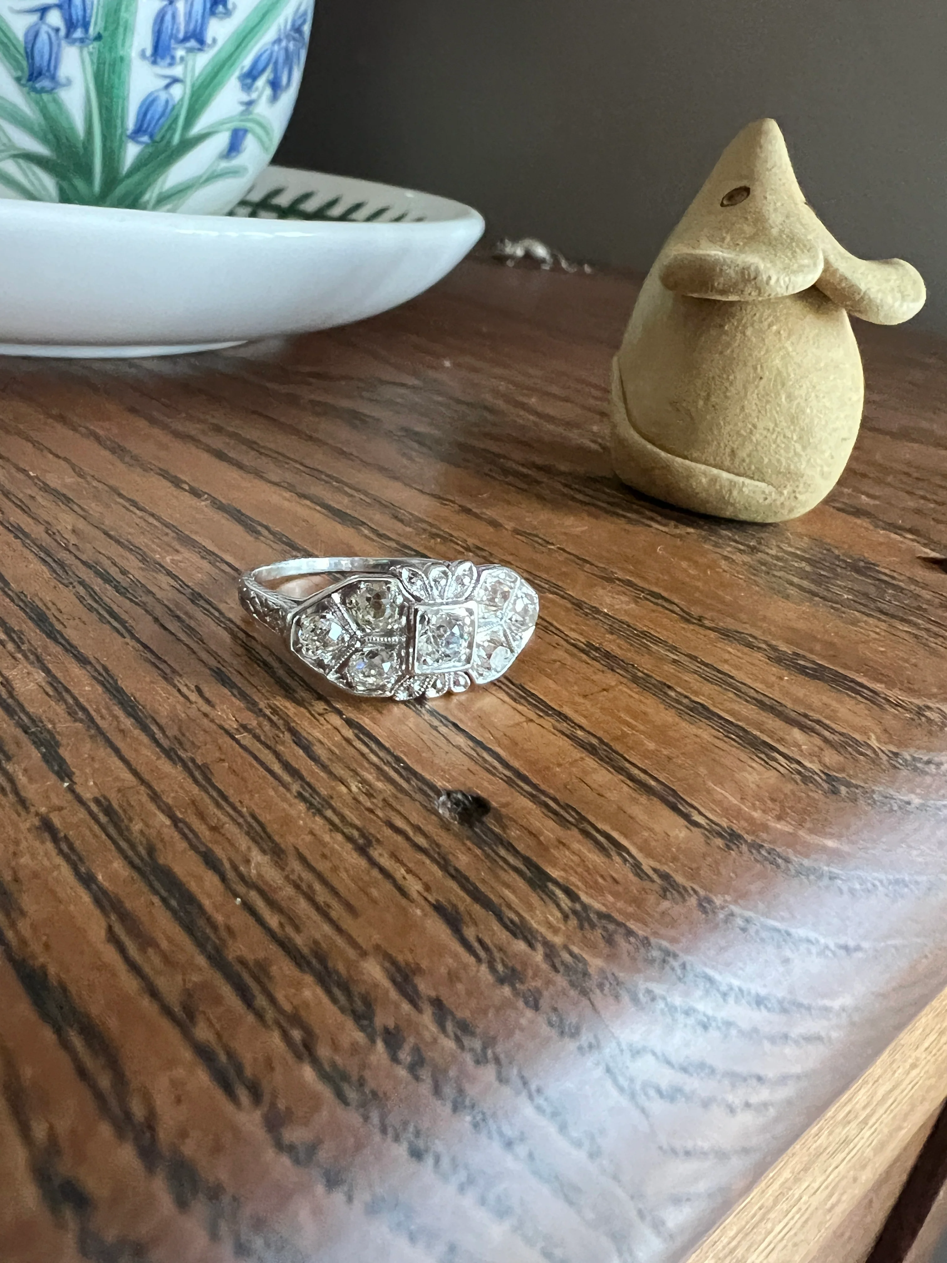 East West Forget Me Not Floral Antique 1.1 Carat Old Mine Cut DIAMOND Seven Stone Cluster Platinum Ring Edwardian Engraved - Image 16