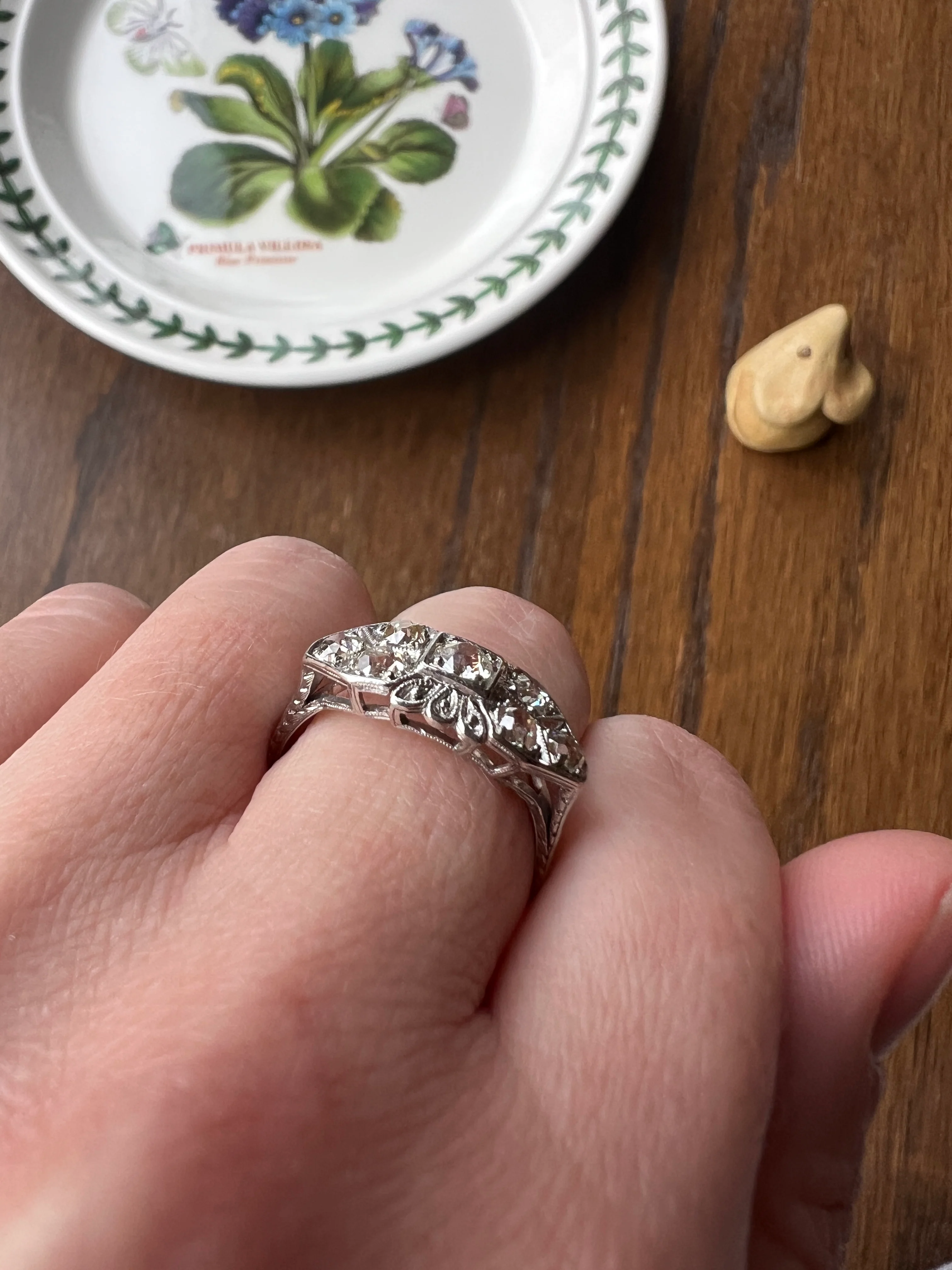 East West Forget Me Not Floral Antique 1.1 Carat Old Mine Cut DIAMOND Seven Stone Cluster Platinum Ring Edwardian Engraved - Image 18