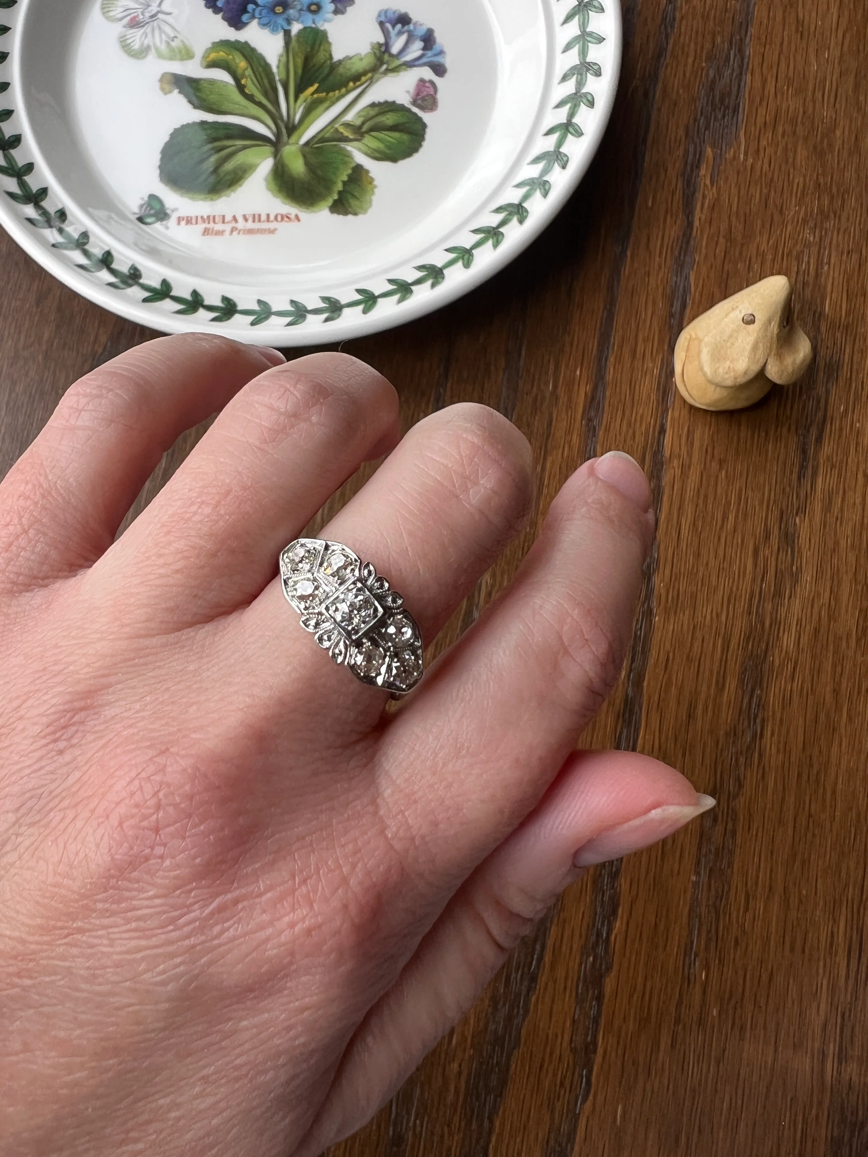 East West Forget Me Not Floral Antique 1.1 Carat Old Mine Cut DIAMOND Seven Stone Cluster Platinum Ring Edwardian Engraved - Image 19