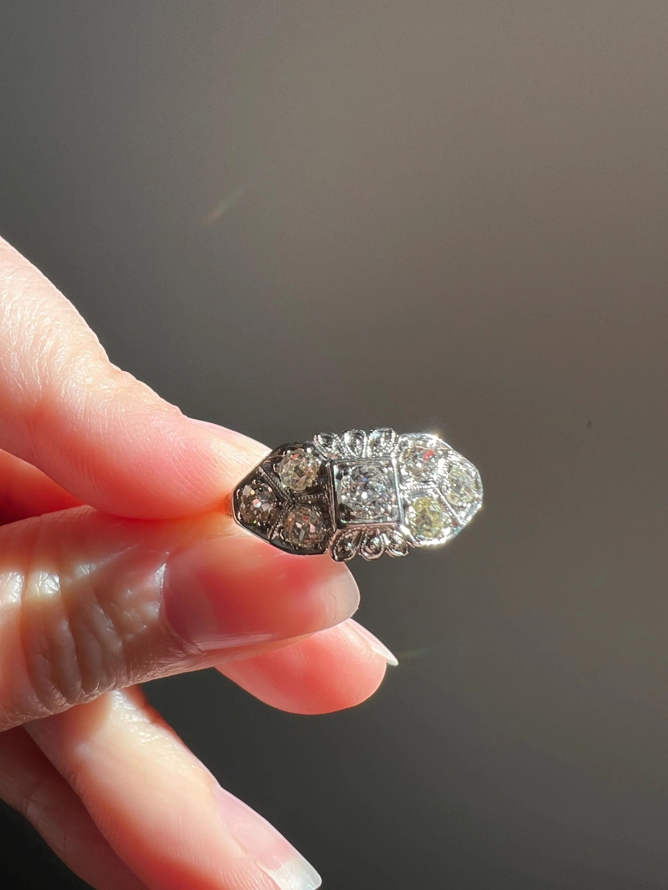 East West Forget Me Not Floral Antique 1.1 Carat Old Mine Cut DIAMOND Seven Stone Cluster Platinum Ring Edwardian Engraved - Image 2