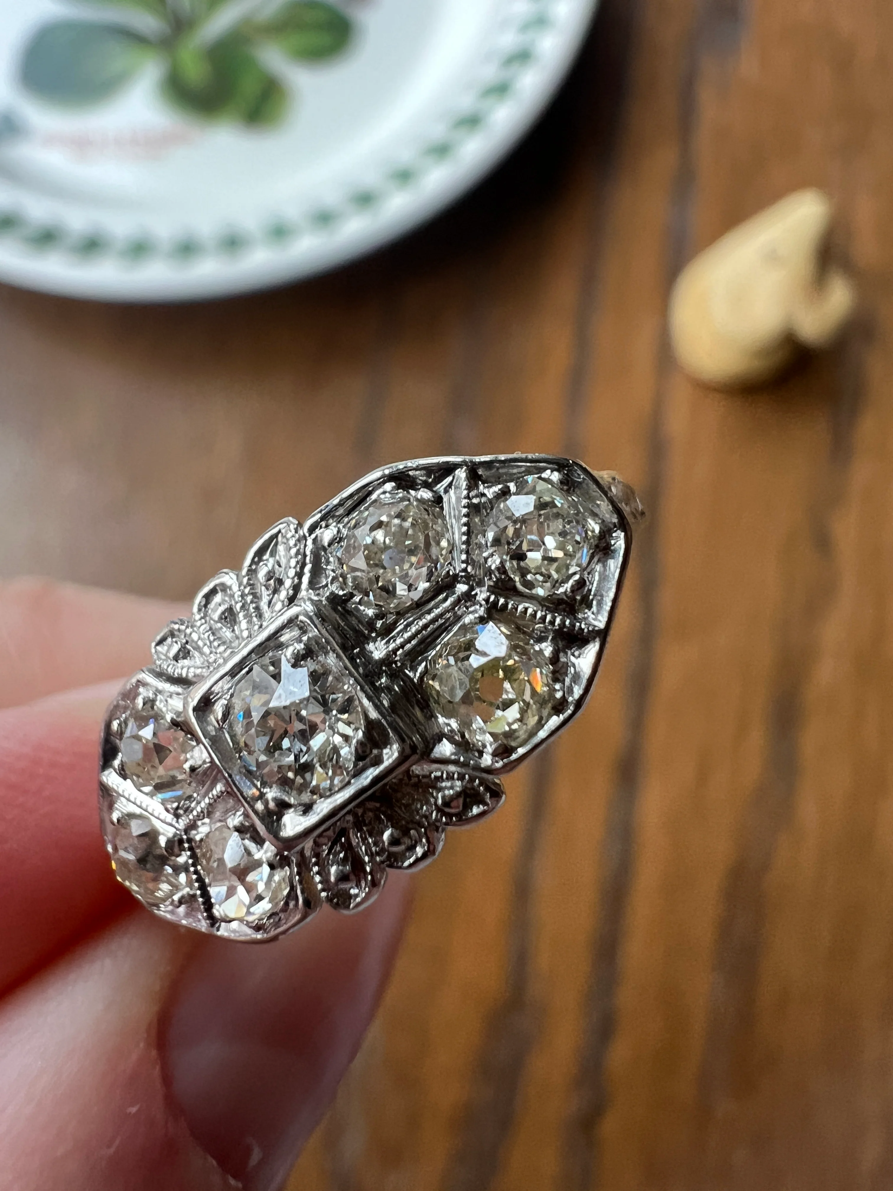 East West Forget Me Not Floral Antique 1.1 Carat Old Mine Cut DIAMOND Seven Stone Cluster Platinum Ring Edwardian Engraved - Image 21