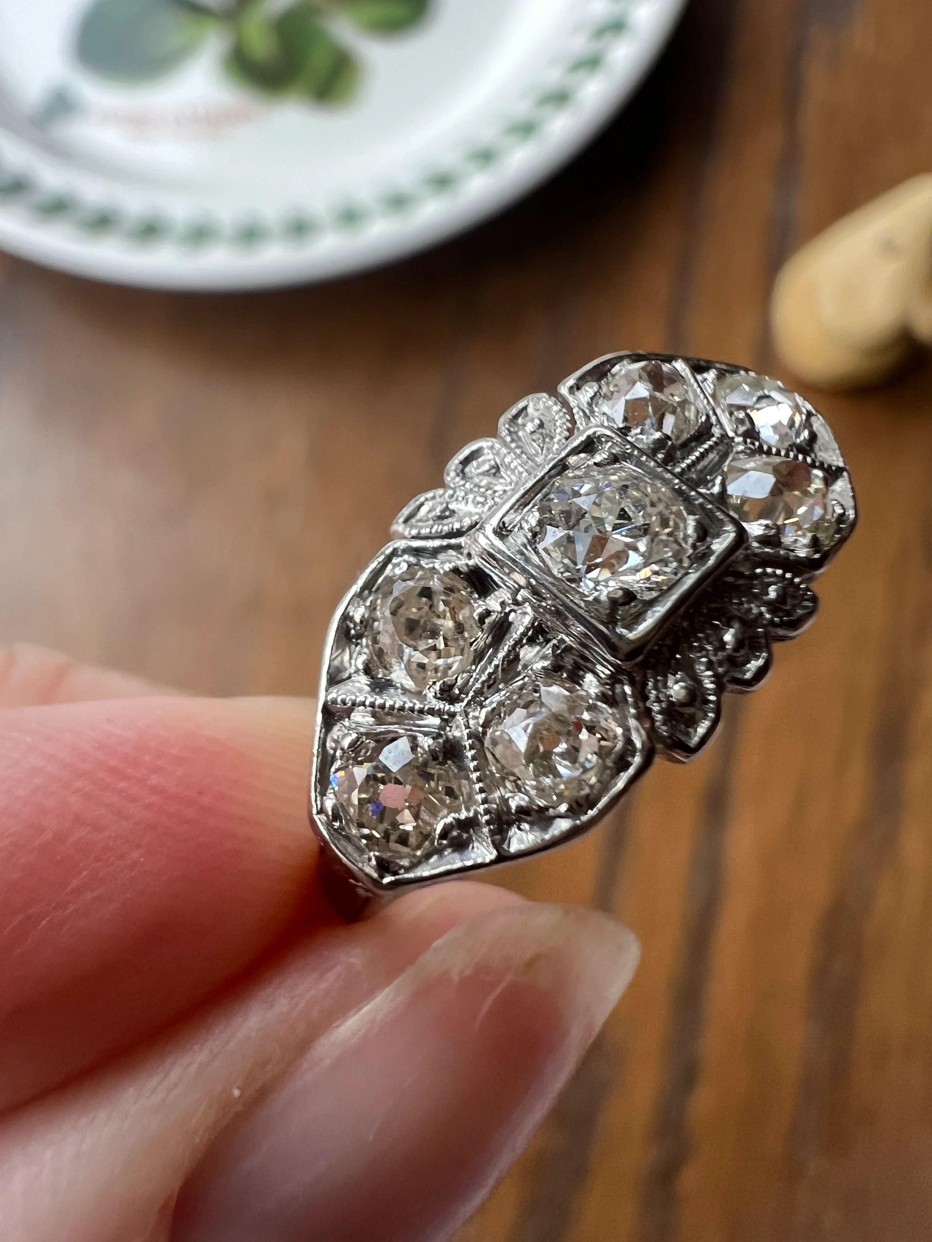 East West Forget Me Not Floral Antique 1.1 Carat Old Mine Cut DIAMOND Seven Stone Cluster Platinum Ring Edwardian Engraved - Image 22