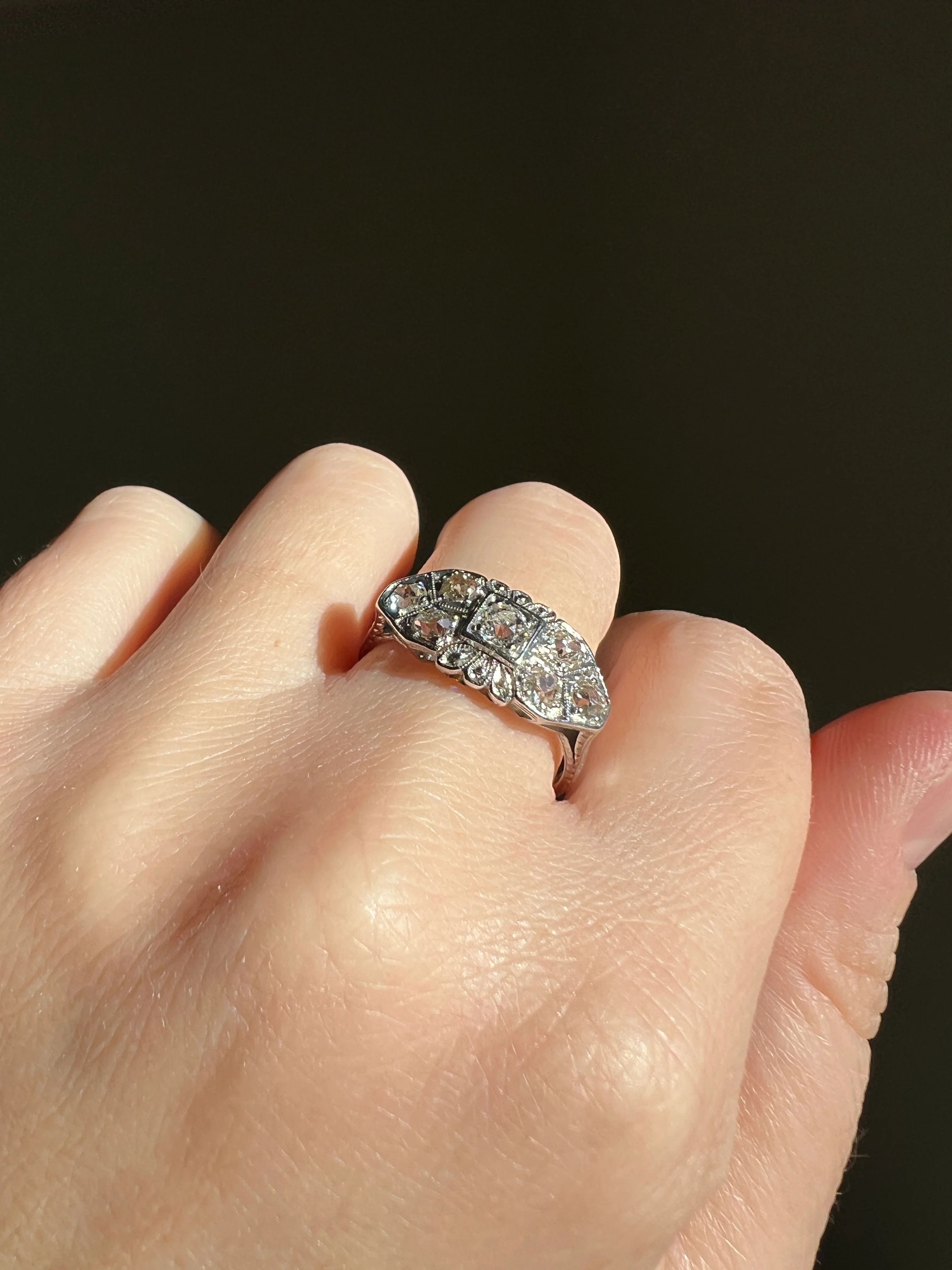 East West Forget Me Not Floral Antique 1.1 Carat Old Mine Cut DIAMOND Seven Stone Cluster Platinum Ring Edwardian Engraved - Image 23