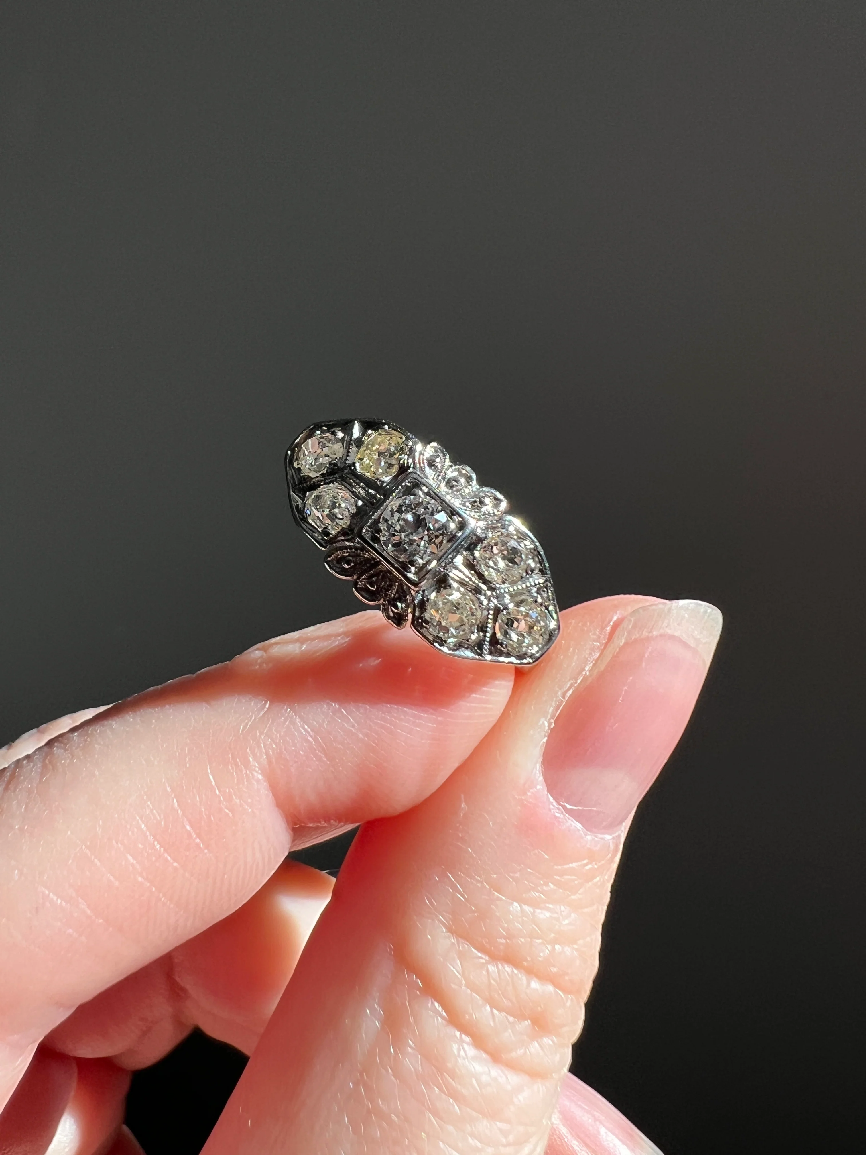 East West Forget Me Not Floral Antique 1.1 Carat Old Mine Cut DIAMOND Seven Stone Cluster Platinum Ring Edwardian Engraved - Image 24