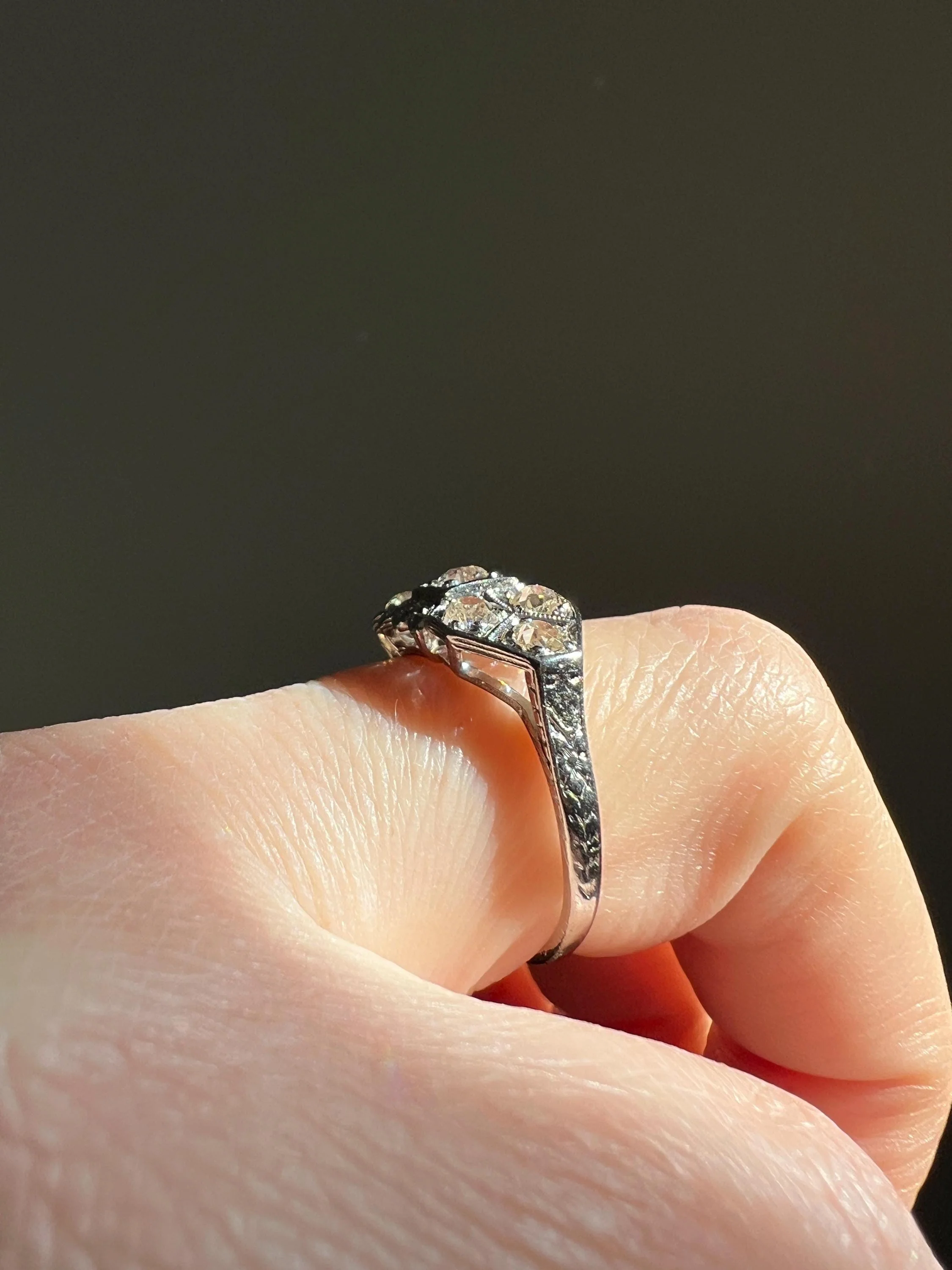 East West Forget Me Not Floral Antique 1.1 Carat Old Mine Cut DIAMOND Seven Stone Cluster Platinum Ring Edwardian Engraved - Image 3