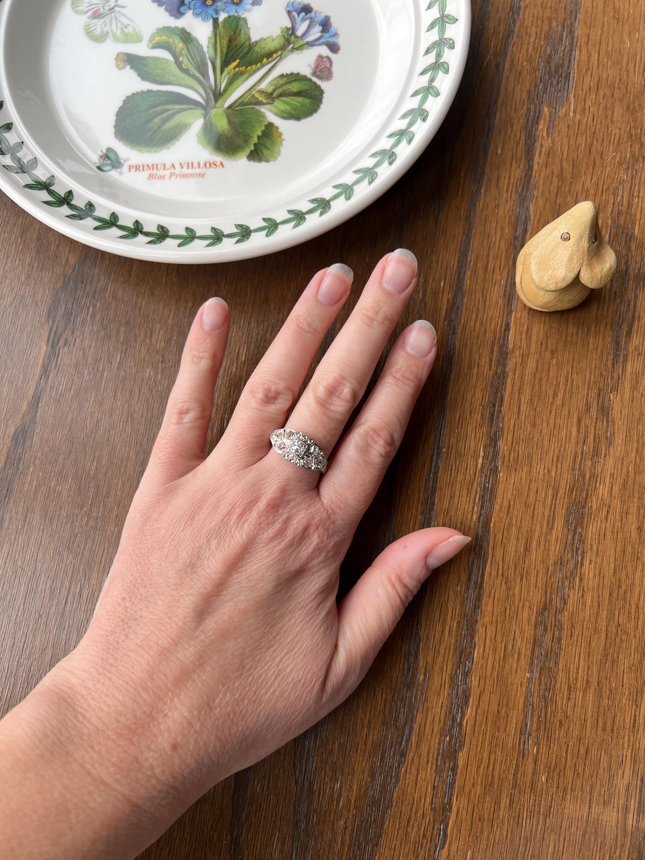East West Forget Me Not Floral Antique 1.1 Carat Old Mine Cut DIAMOND Seven Stone Cluster Platinum Ring Edwardian Engraved - Image 4