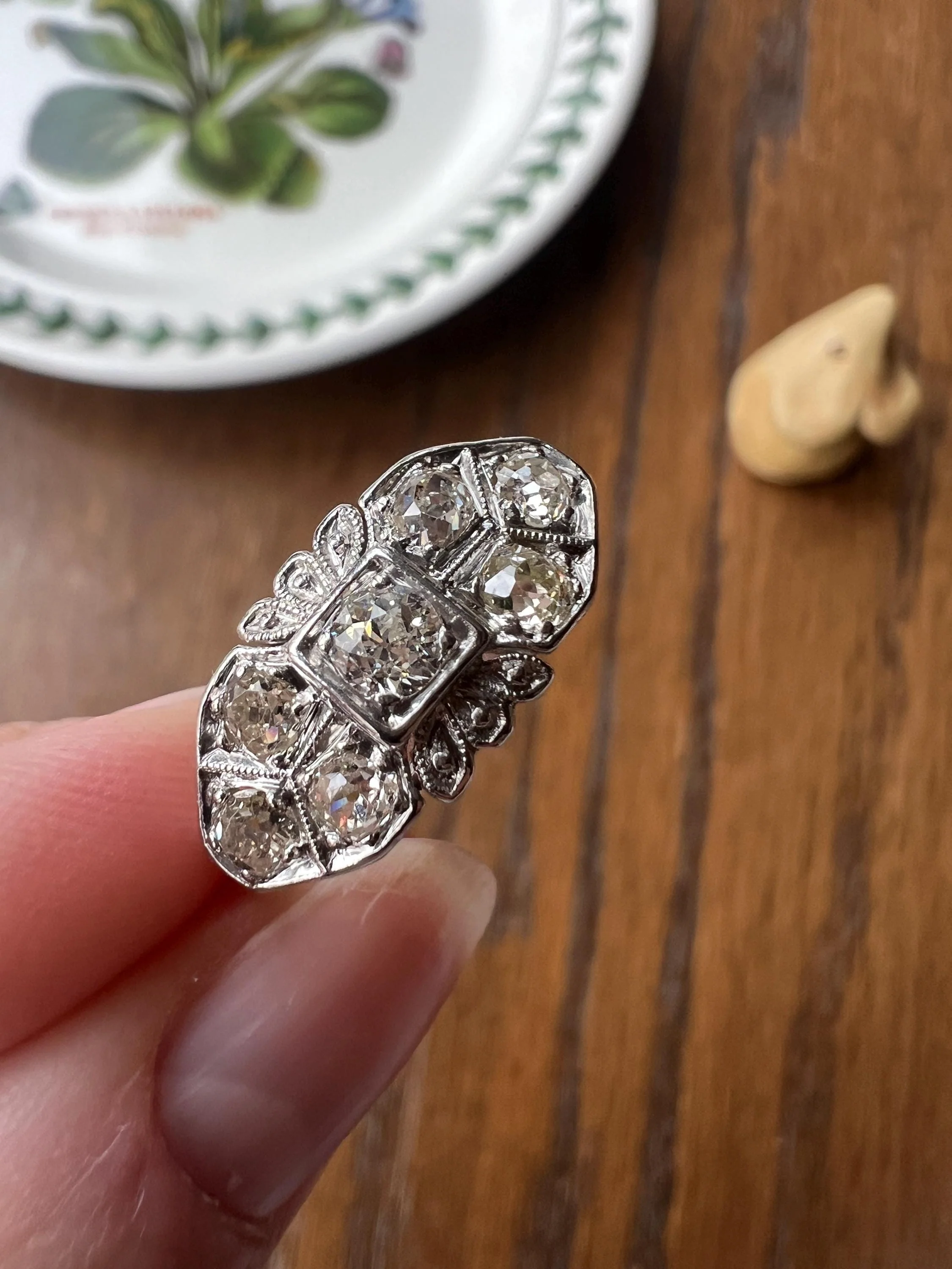 East West Forget Me Not Floral Antique 1.1 Carat Old Mine Cut DIAMOND Seven Stone Cluster Platinum Ring Edwardian Engraved - Image 5