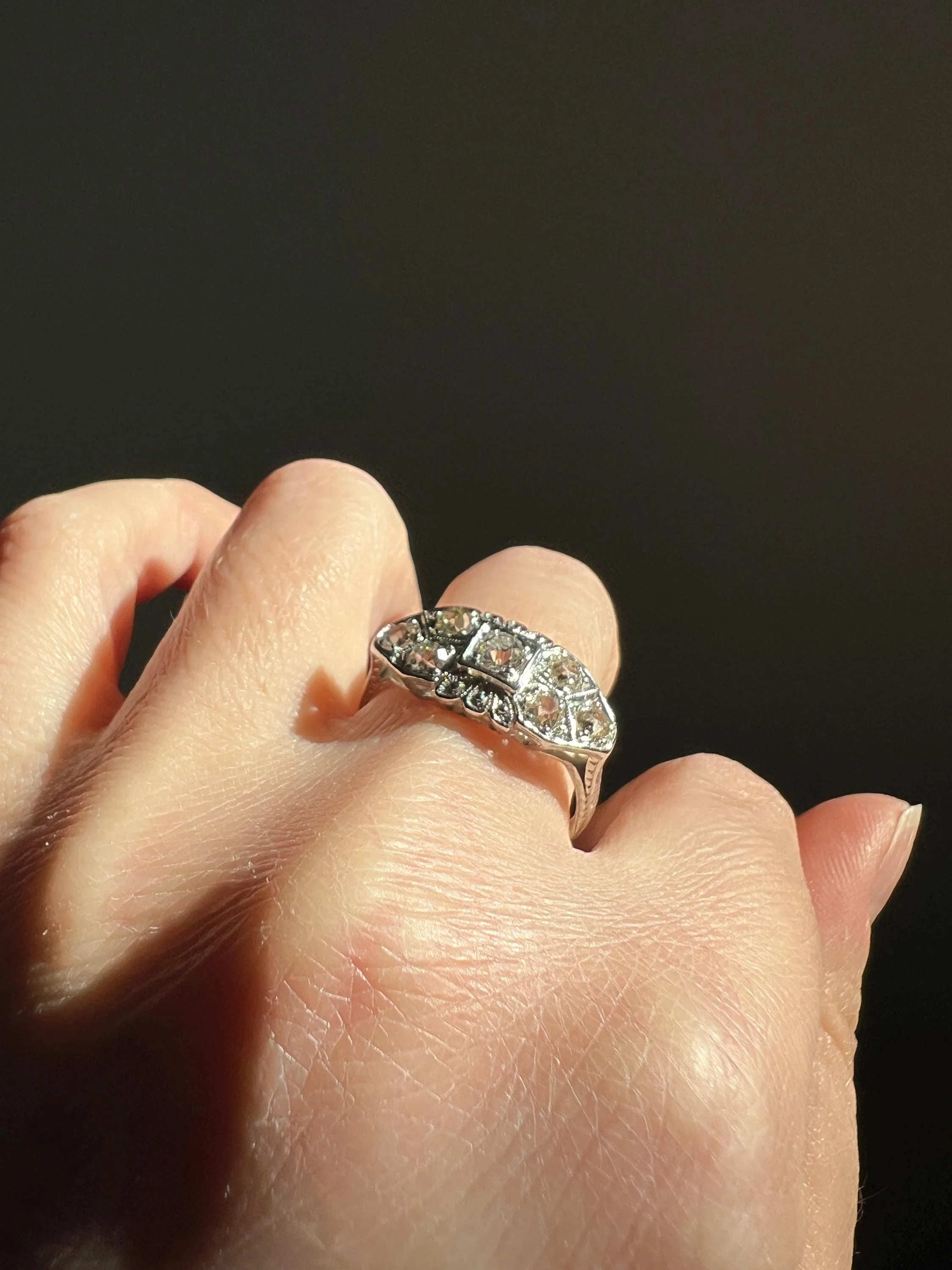 East West Forget Me Not Floral Antique 1.1 Carat Old Mine Cut DIAMOND Seven Stone Cluster Platinum Ring Edwardian Engraved - Image 6