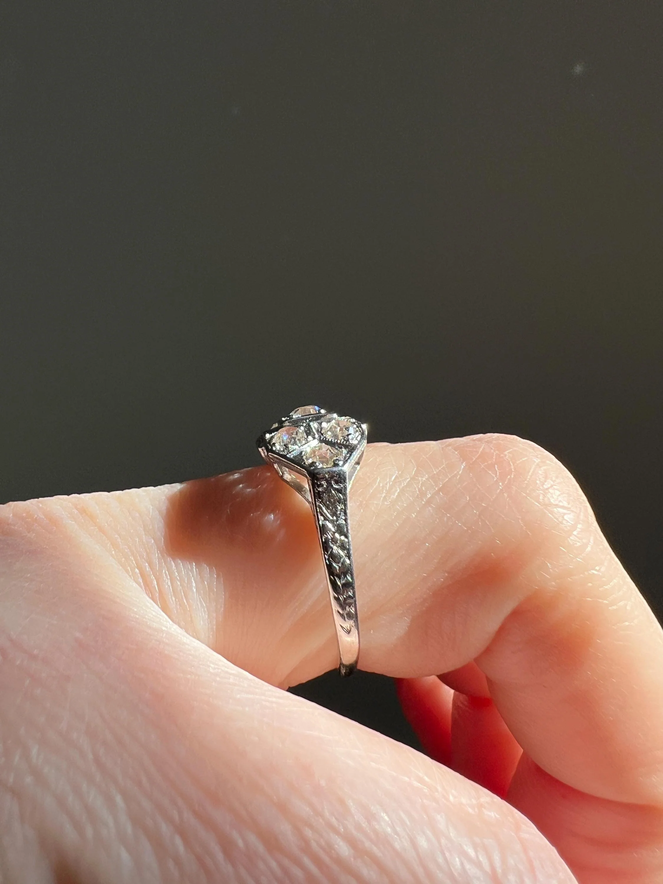 East West Forget Me Not Floral Antique 1.1 Carat Old Mine Cut DIAMOND Seven Stone Cluster Platinum Ring Edwardian Engraved - Image 7