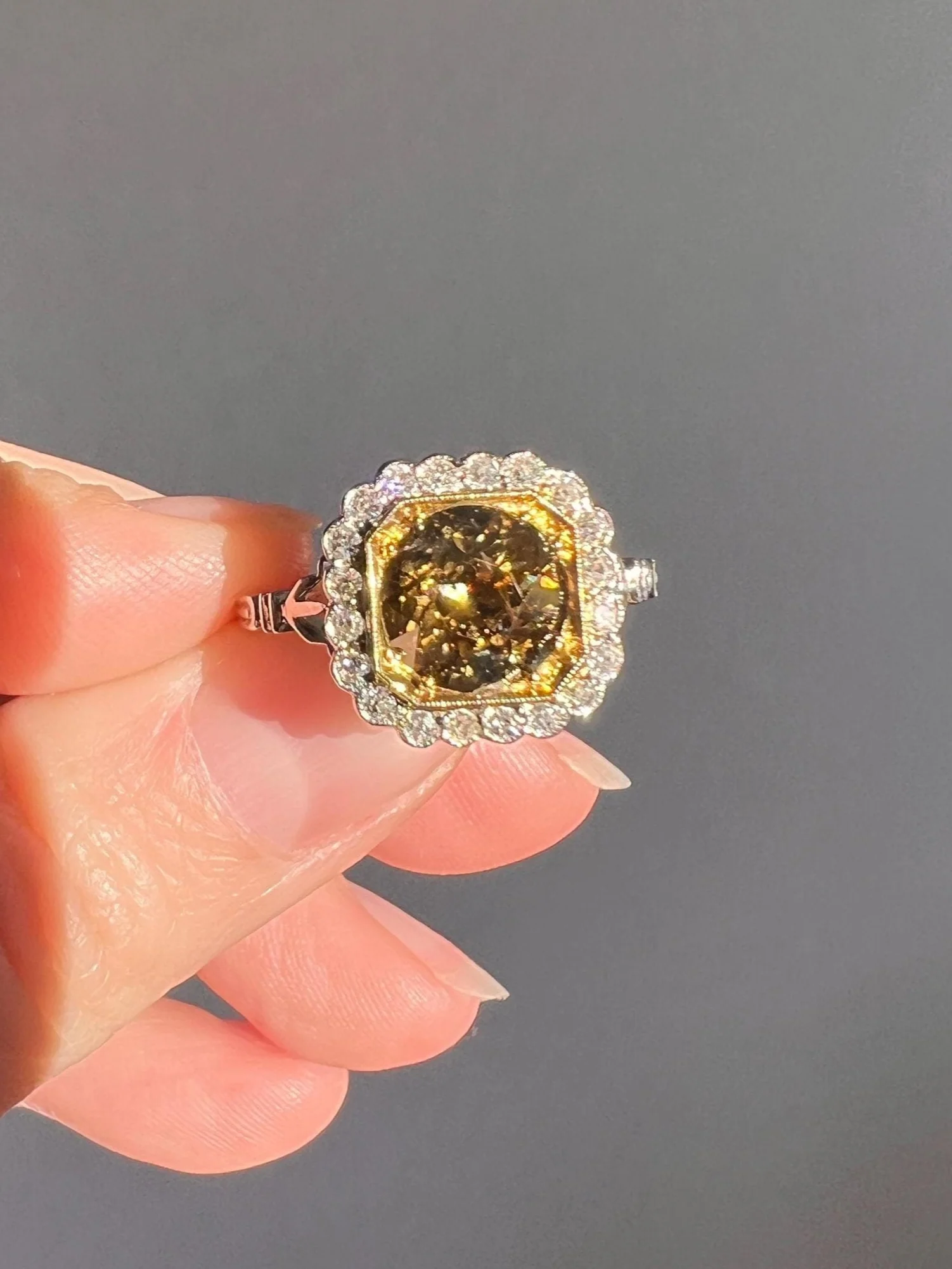 Edwardian 2.3 Carat Tdw Antique Fancy BROWN Yellow Old European Cut DIAMOND Halo Ring Platinum 18k Gold