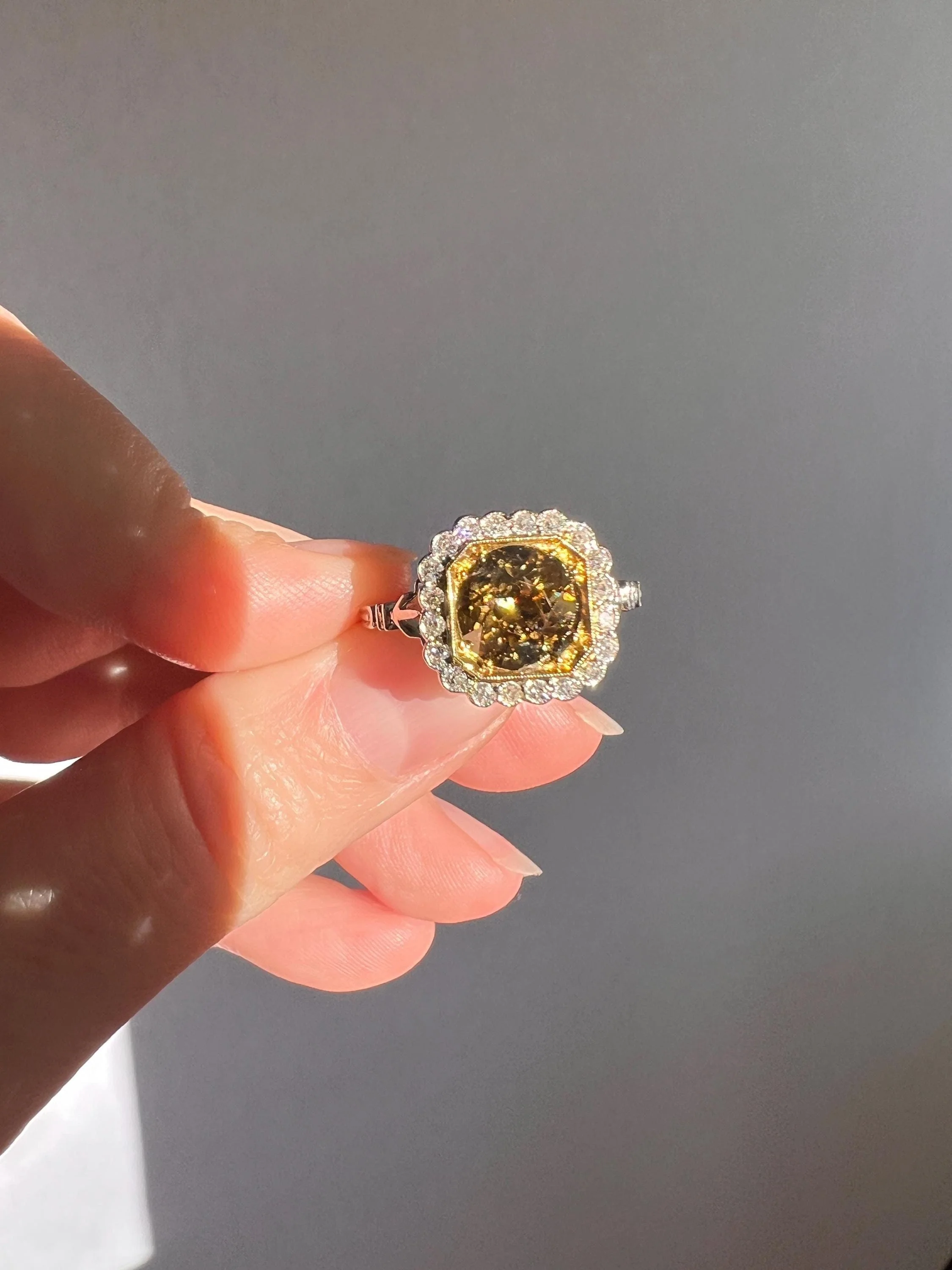Edwardian 2.3 Carat Tdw Antique Fancy BROWN Yellow Old European Cut DIAMOND Halo Ring Platinum 18k Gold - Image 11