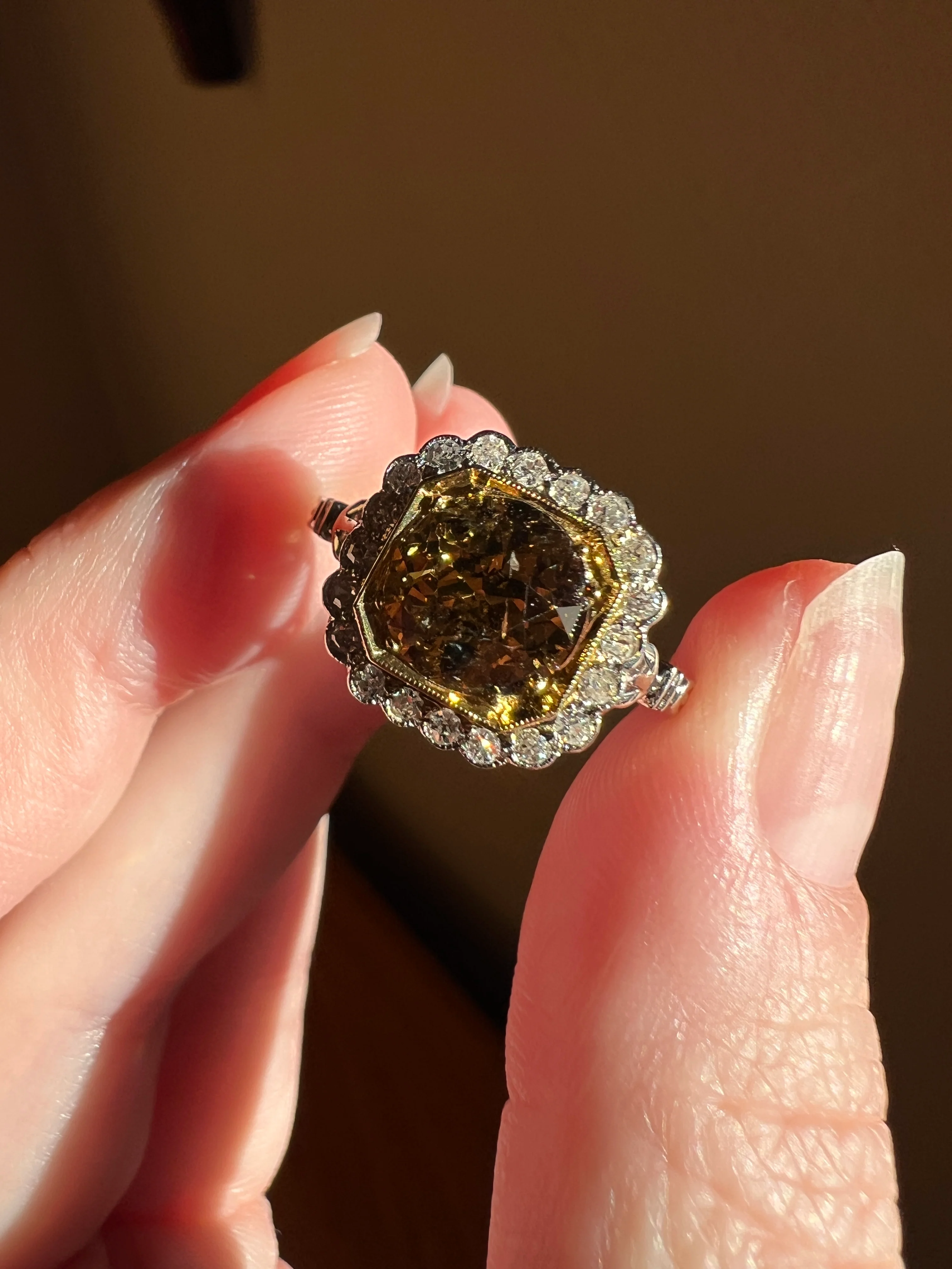 Edwardian 2.3 Carat Tdw Antique Fancy BROWN Yellow Old European Cut DIAMOND Halo Ring Platinum 18k Gold - Image 16