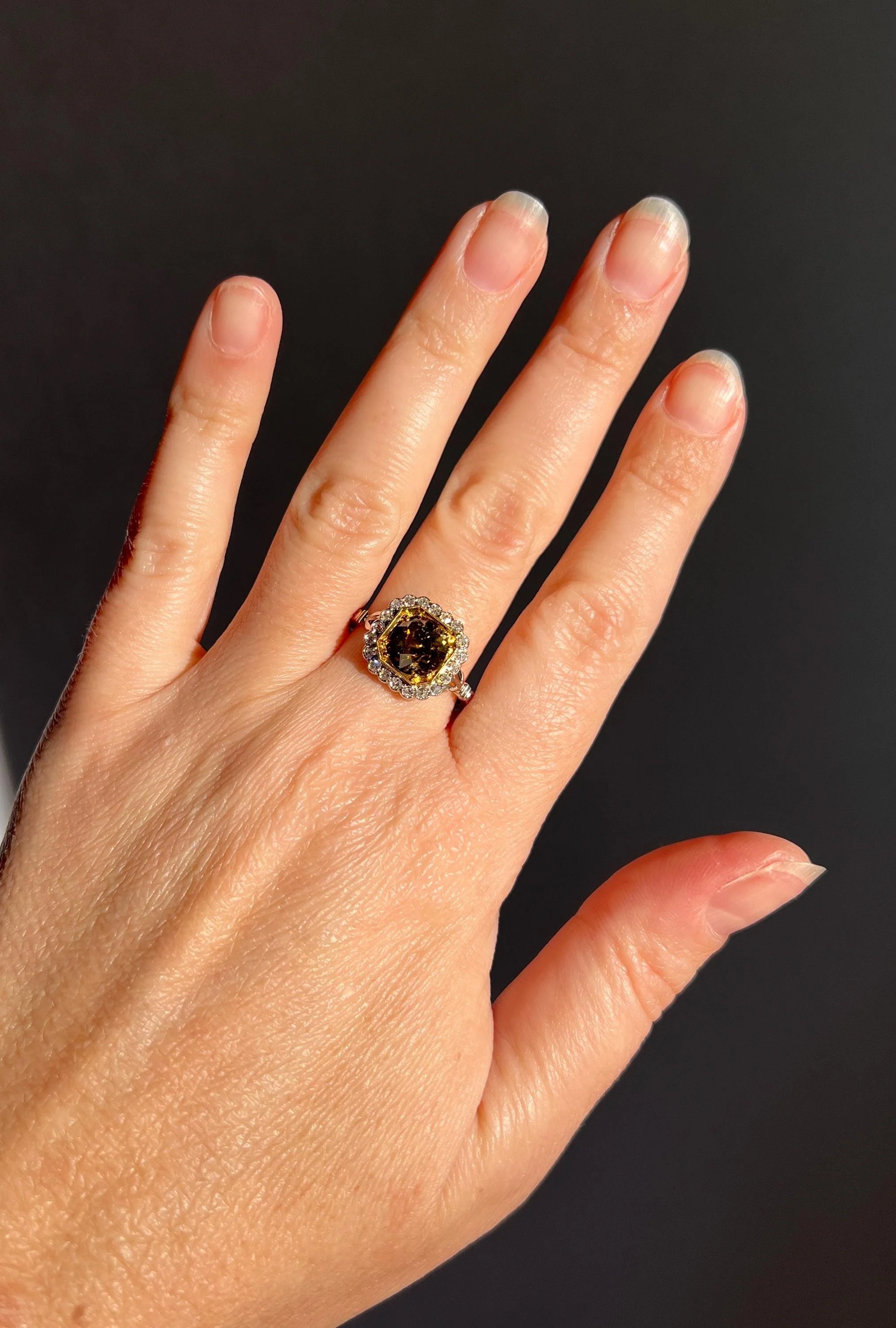 Edwardian 2.3 Carat Tdw Antique Fancy BROWN Yellow Old European Cut DIAMOND Halo Ring Platinum 18k Gold - Image 2