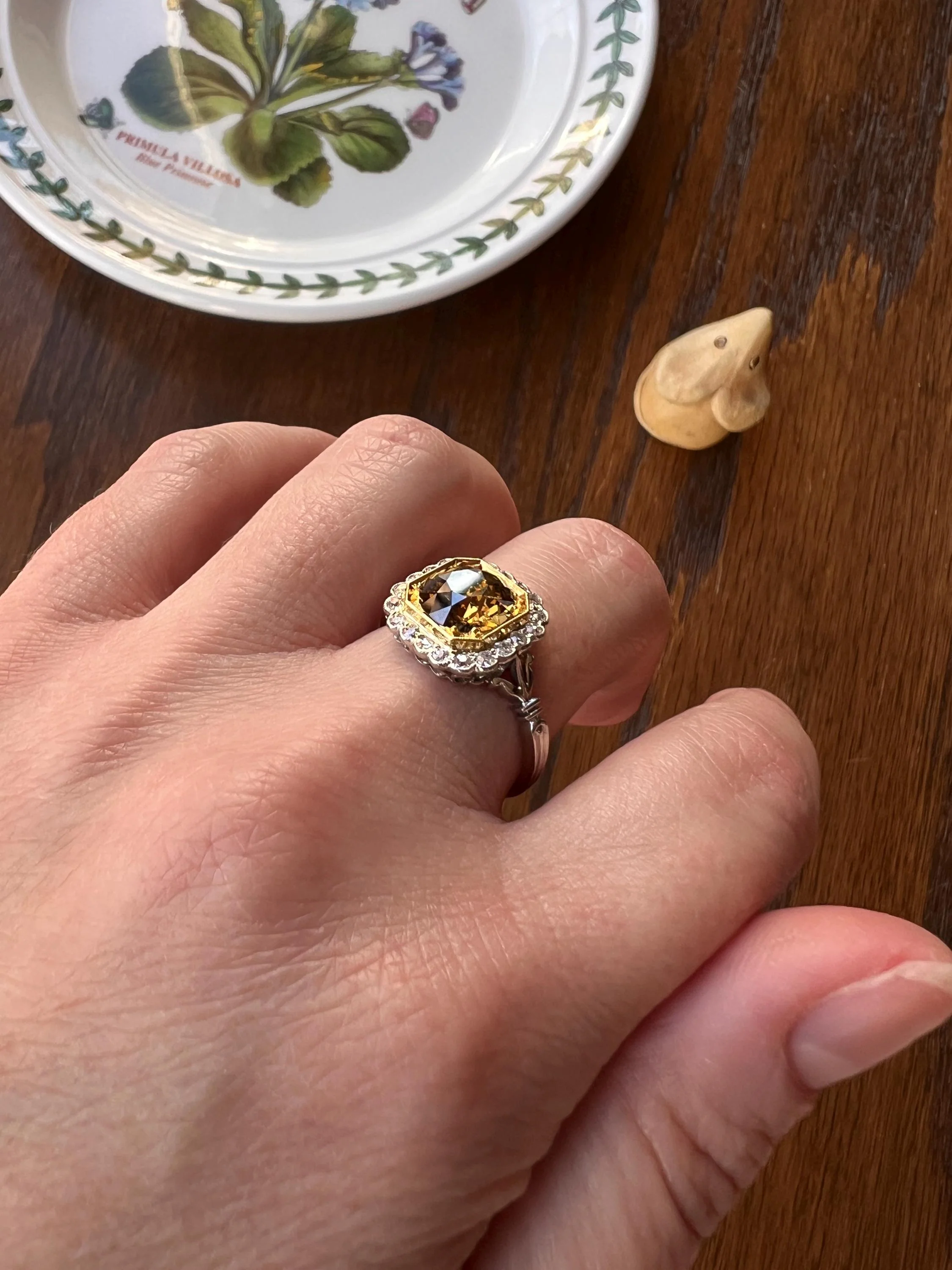 Edwardian 2.3 Carat Tdw Antique Fancy BROWN Yellow Old European Cut DIAMOND Halo Ring Platinum 18k Gold - Image 3