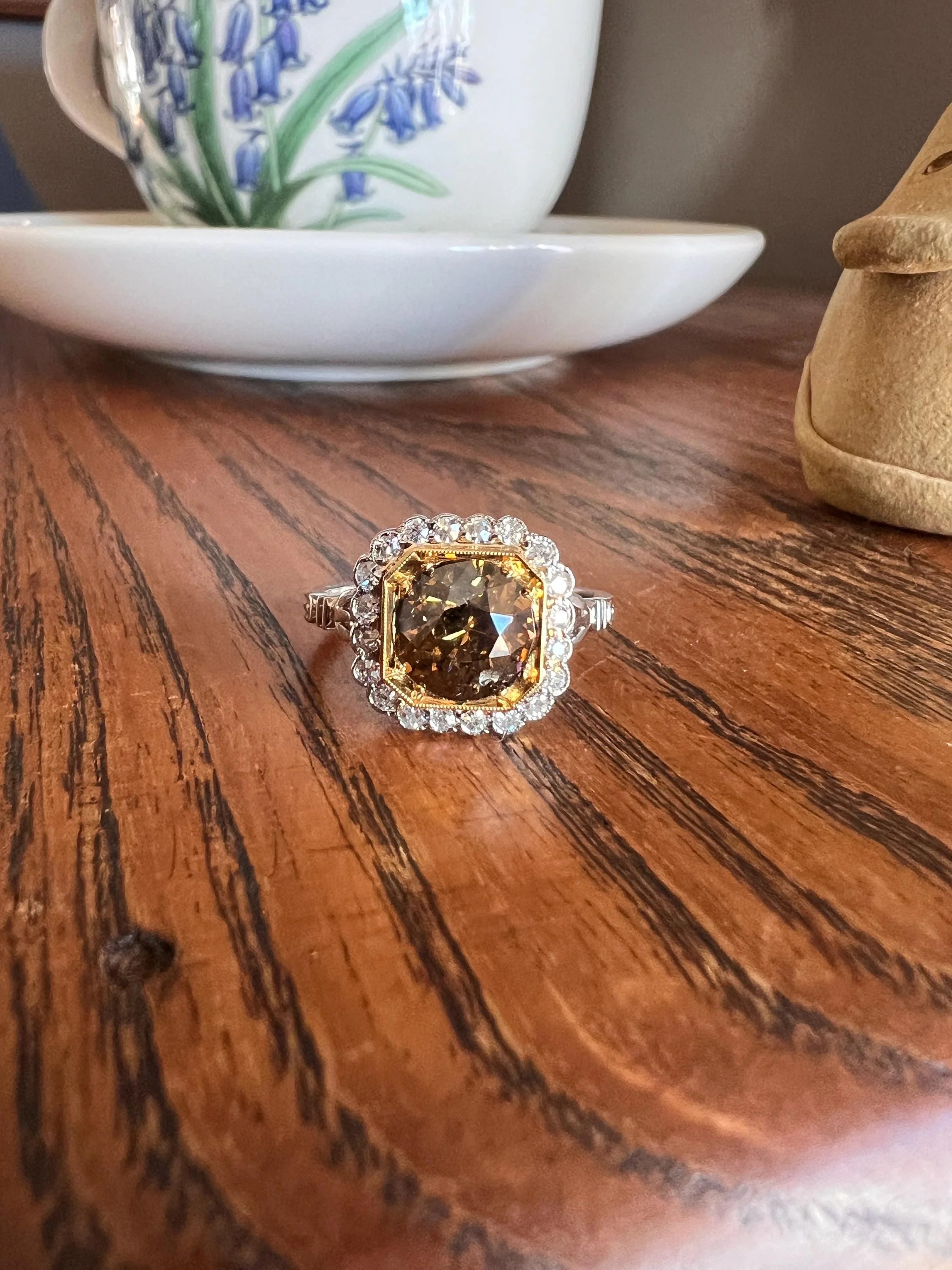 Edwardian 2.3 Carat Tdw Antique Fancy BROWN Yellow Old European Cut DIAMOND Halo Ring Platinum 18k Gold - Image 4