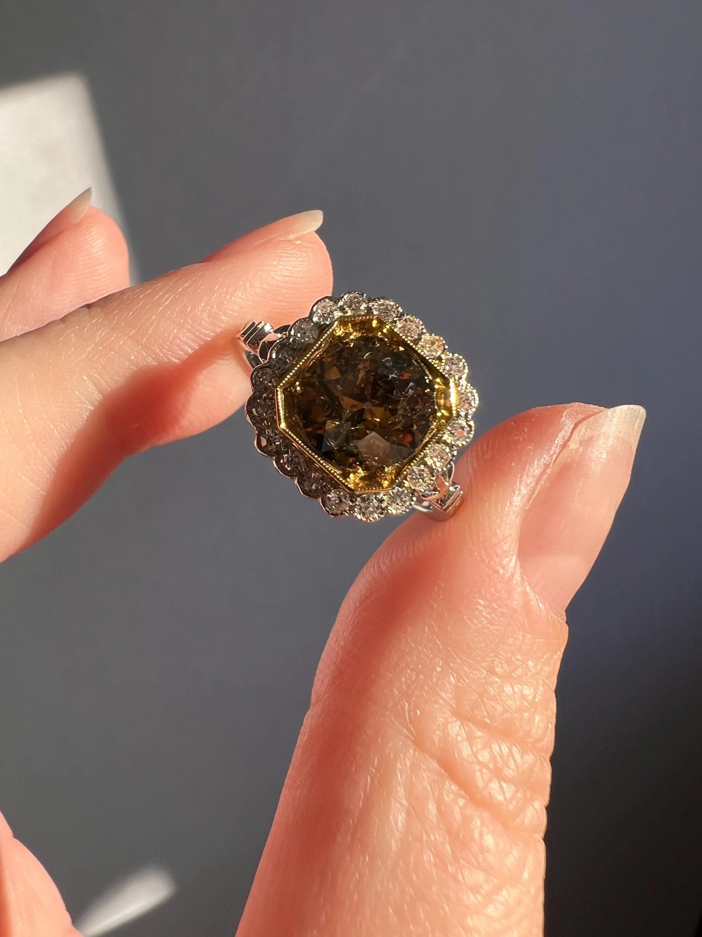 Edwardian 2.3 Carat Tdw Antique Fancy BROWN Yellow Old European Cut DIAMOND Halo Ring Platinum 18k Gold - Image 7