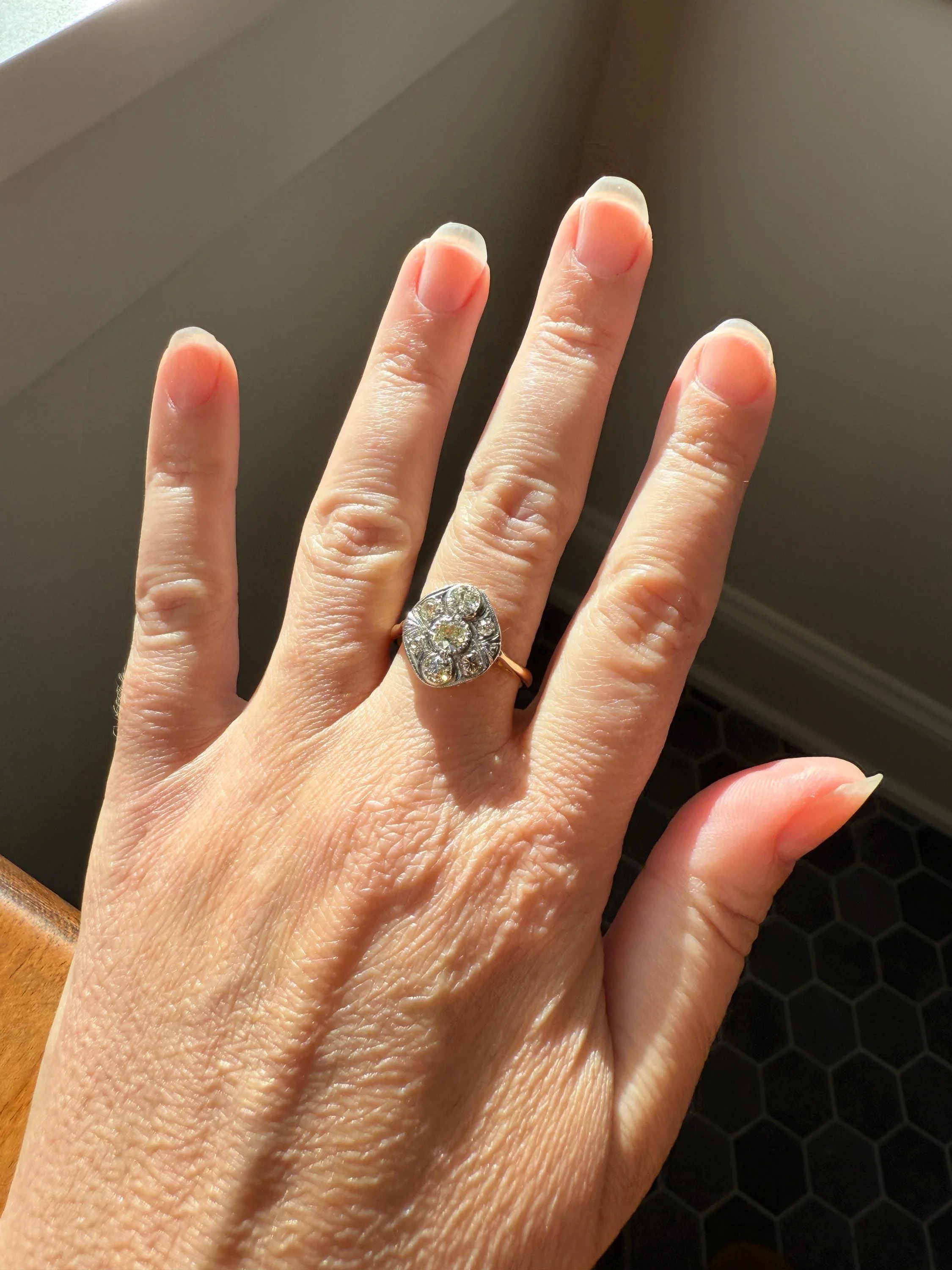 Edwardian Antique 1.1 Carat Old Mine Cut Diamond Cluster Ring Panel Oval Platform Ornate Geometric Milgrain Pale Yellow Center 1.1Ctw OMC - Image 17