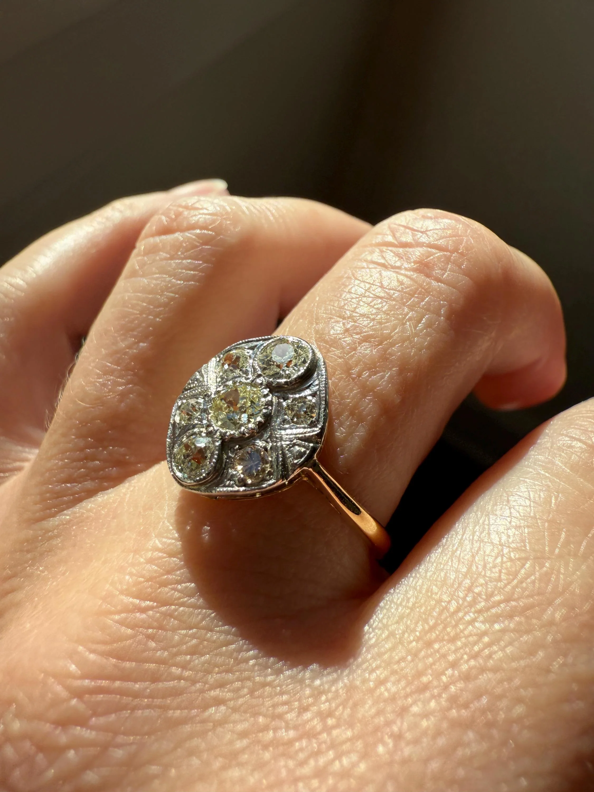 Edwardian Antique 1.1 Carat Old Mine Cut Diamond Cluster Ring Panel Oval Platform Ornate Geometric Milgrain Pale Yellow Center 1.1Ctw OMC - Image 18