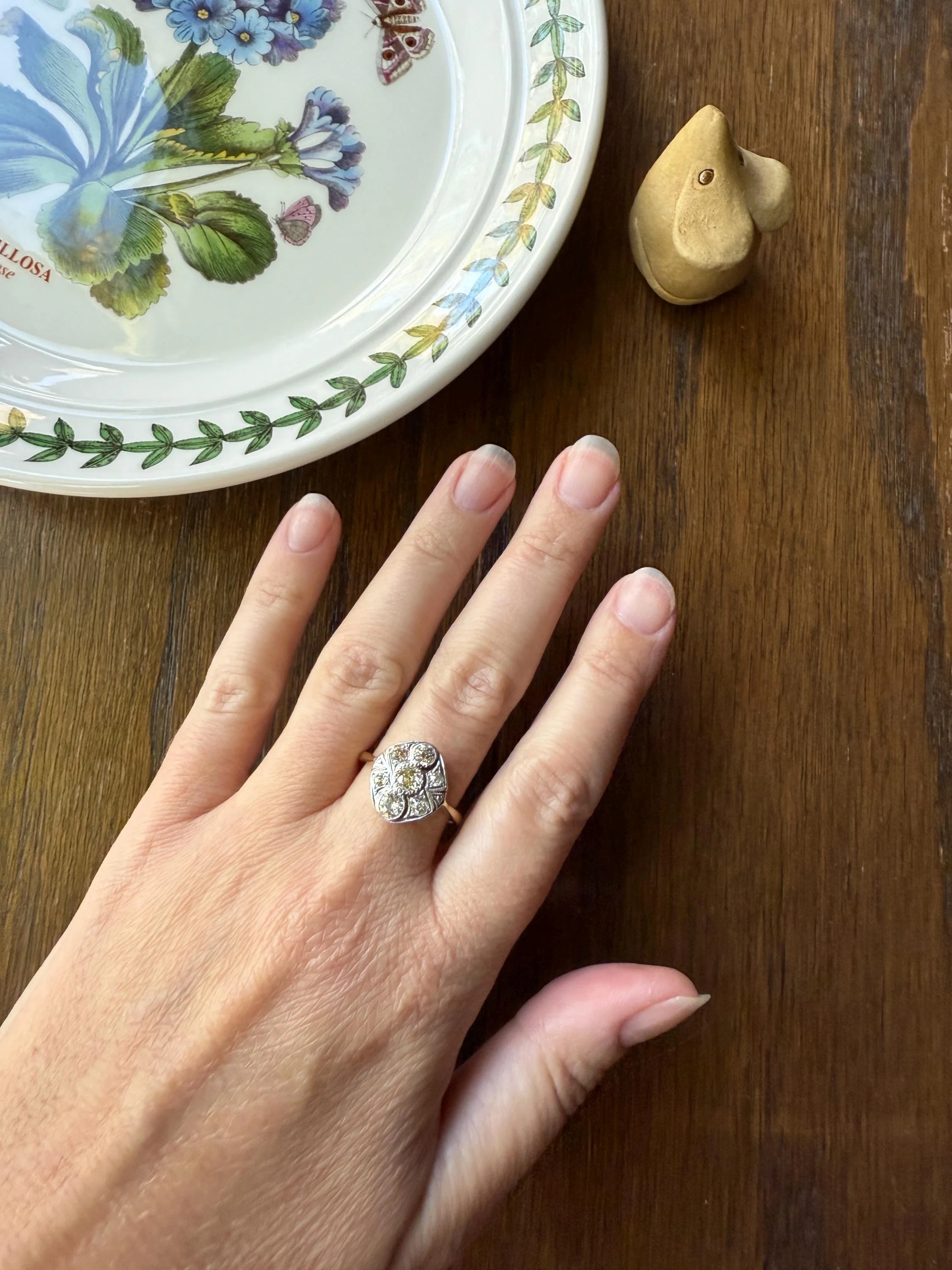 Edwardian Antique 1.1 Carat Old Mine Cut Diamond Cluster Ring Panel Oval Platform Ornate Geometric Milgrain Pale Yellow Center 1.1Ctw OMC - Image 19
