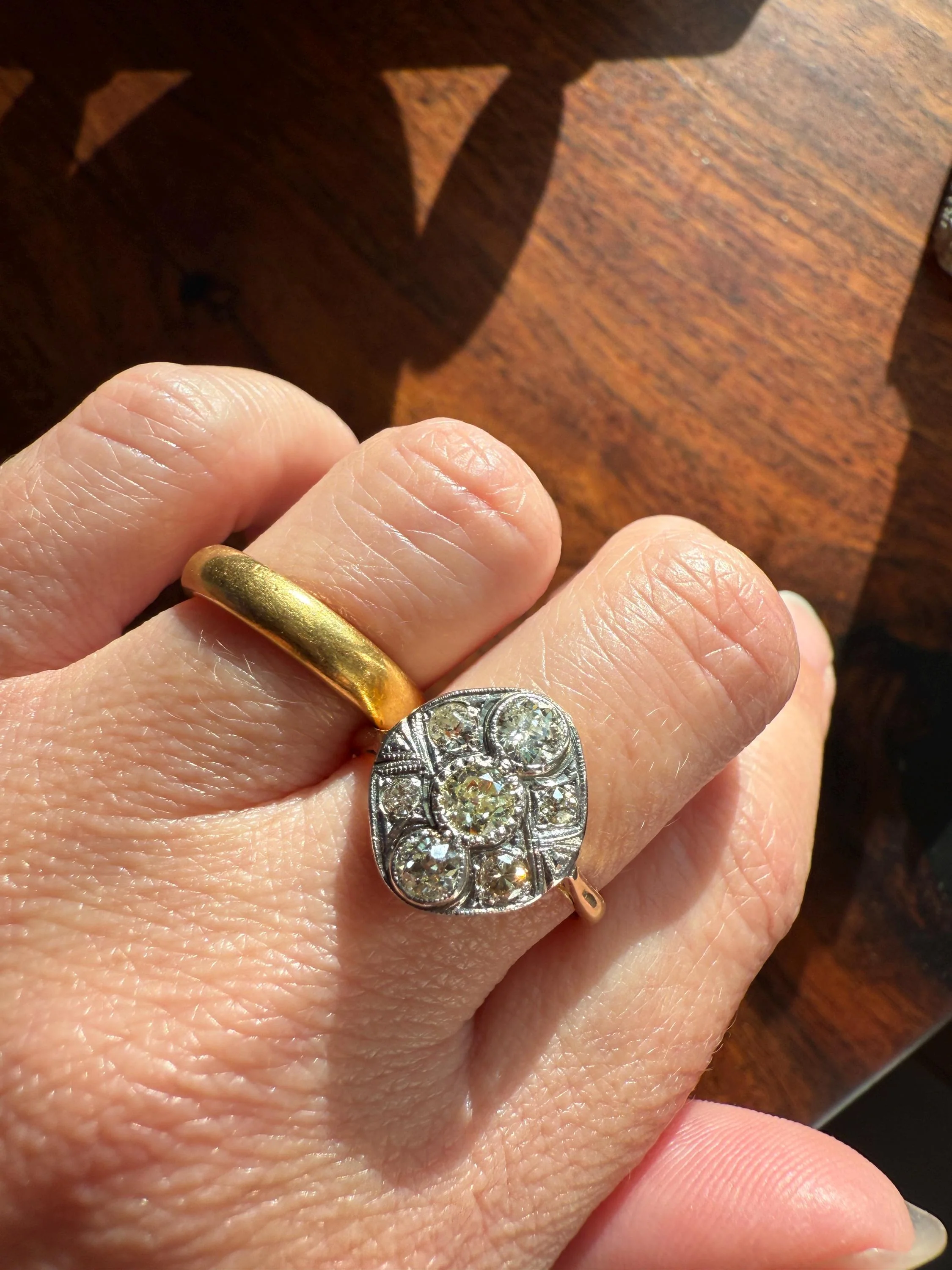 Edwardian Antique 1.1 Carat Old Mine Cut Diamond Cluster Ring Panel Oval Platform Ornate Geometric Milgrain Pale Yellow Center 1.1Ctw OMC - Image 2