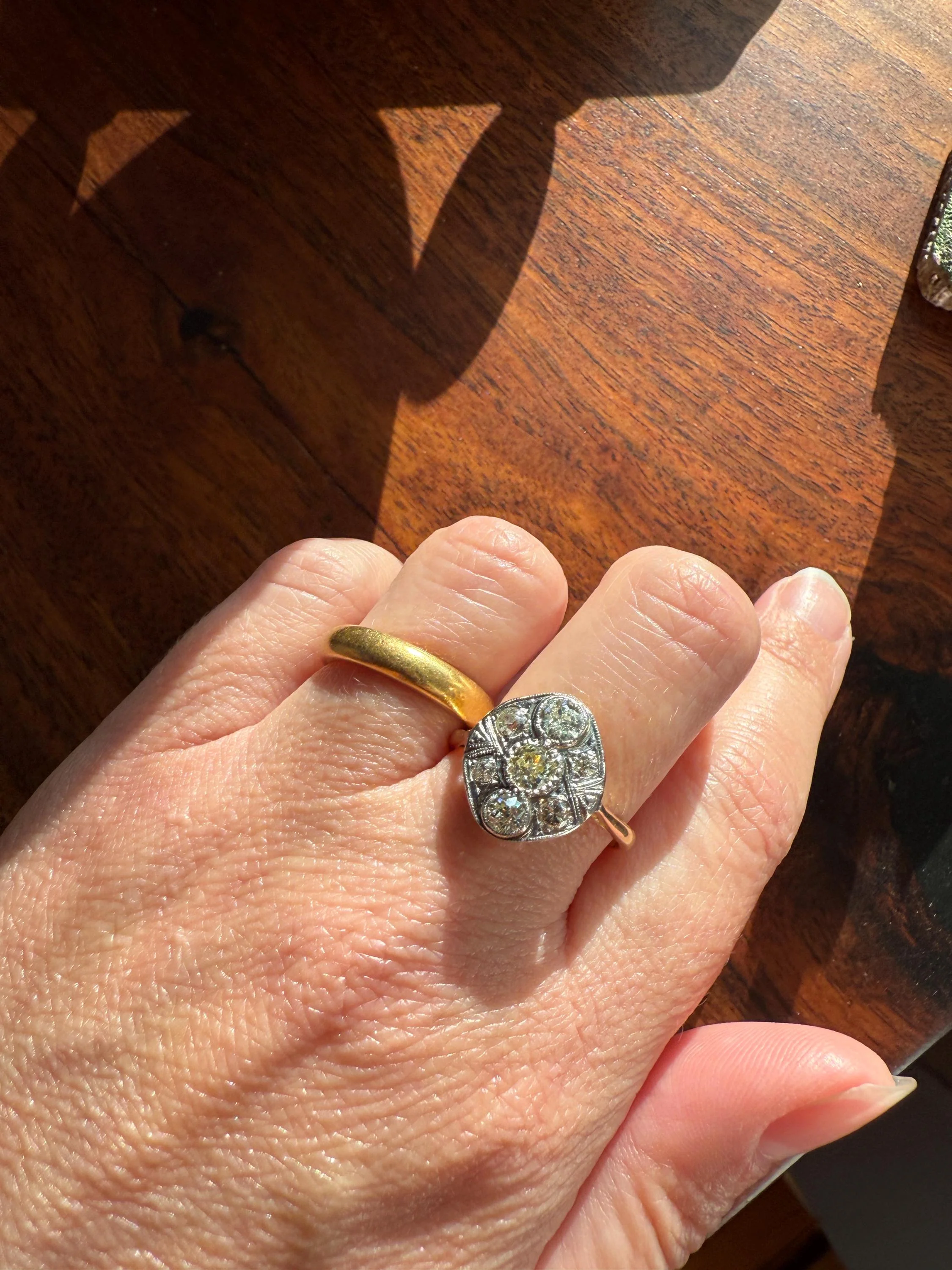 Edwardian Antique 1.1 Carat Old Mine Cut Diamond Cluster Ring Panel Oval Platform Ornate Geometric Milgrain Pale Yellow Center 1.1Ctw OMC - Image 3