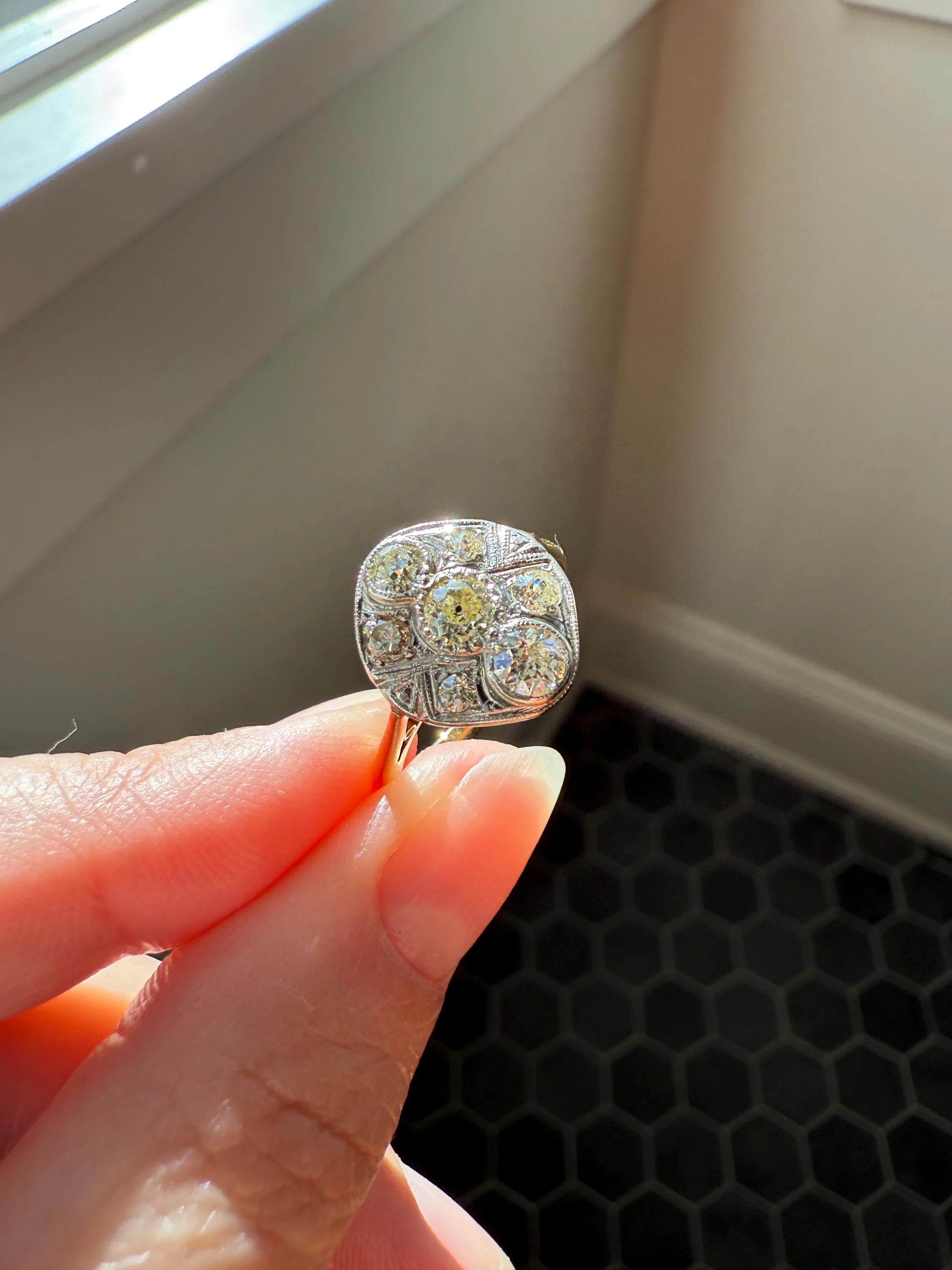 Edwardian Antique 1.1 Carat Old Mine Cut Diamond Cluster Ring Panel Oval Platform Ornate Geometric Milgrain Pale Yellow Center 1.1Ctw OMC - Image 4
