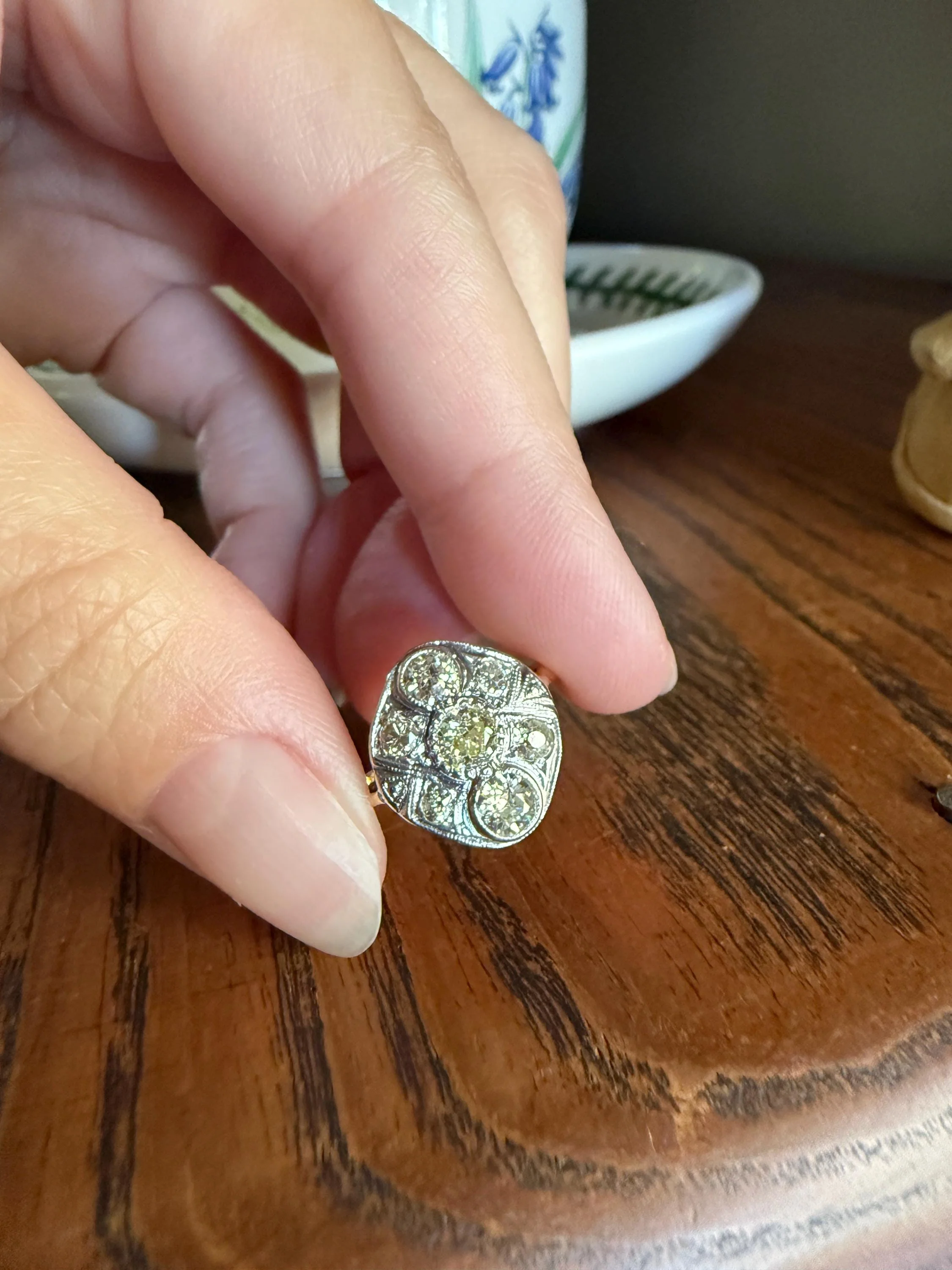 Edwardian Antique 1.1 Carat Old Mine Cut Diamond Cluster Ring Panel Oval Platform Ornate Geometric Milgrain Pale Yellow Center 1.1Ctw OMC - Image 5