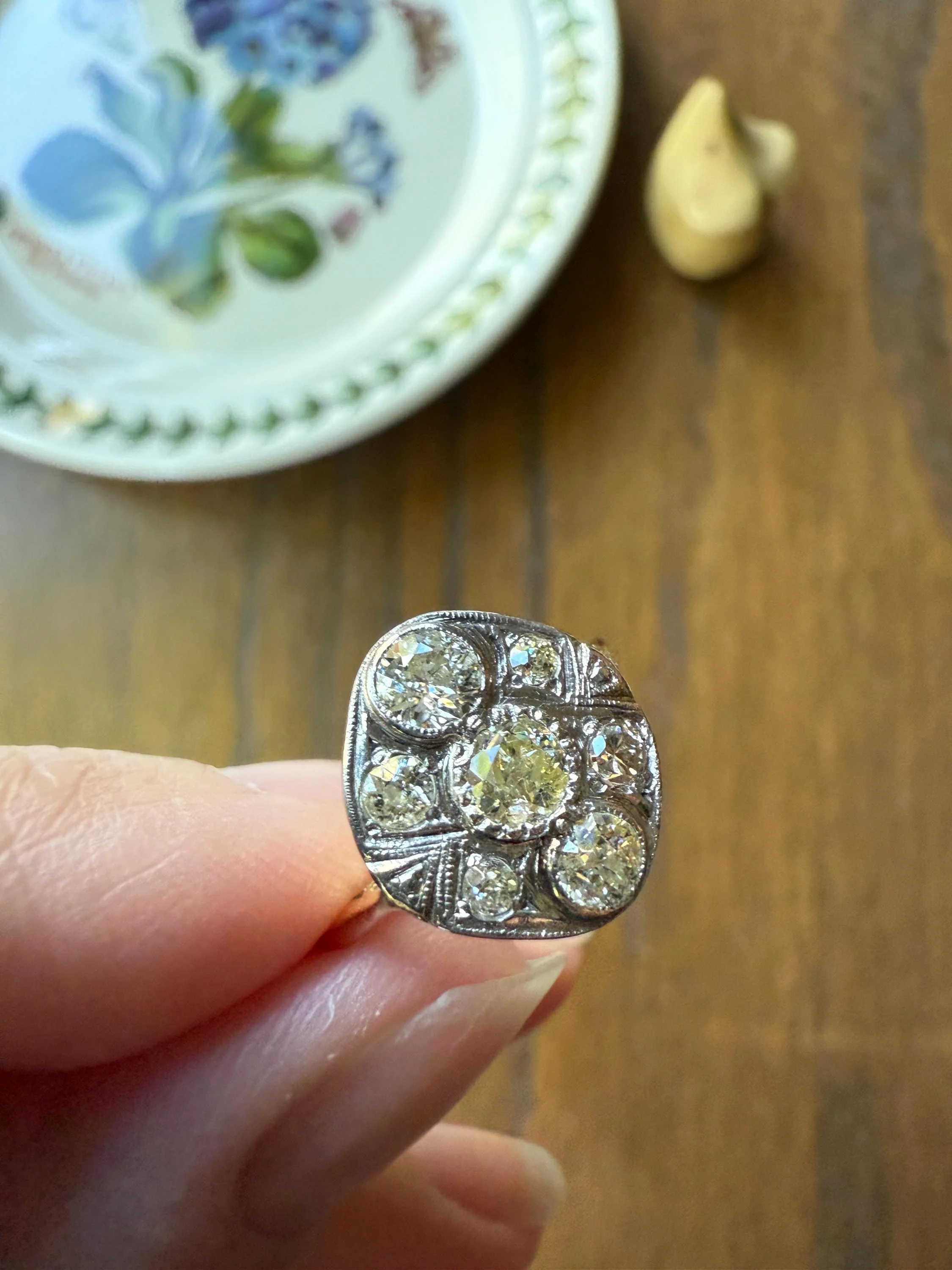 Edwardian Antique 1.1 Carat Old Mine Cut Diamond Cluster Ring Panel Oval Platform Ornate Geometric Milgrain Pale Yellow Center 1.1Ctw OMC - Image 7