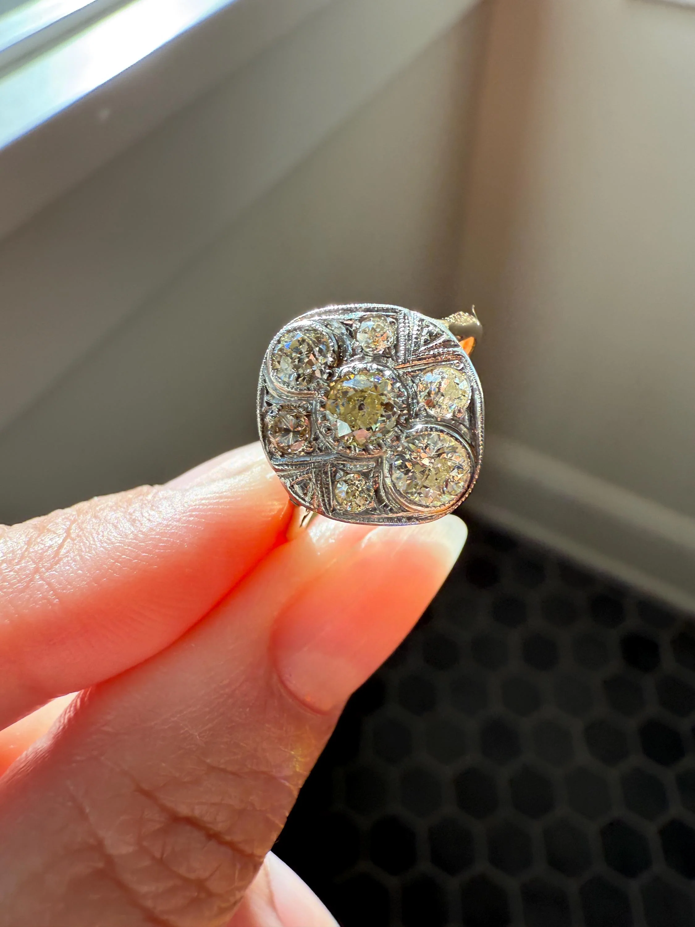 Edwardian Antique 1.1 Carat Old Mine Cut Diamond Cluster Ring Panel Oval Platform Ornate Geometric Milgrain Pale Yellow Center 1.1Ctw OMC - Image 8