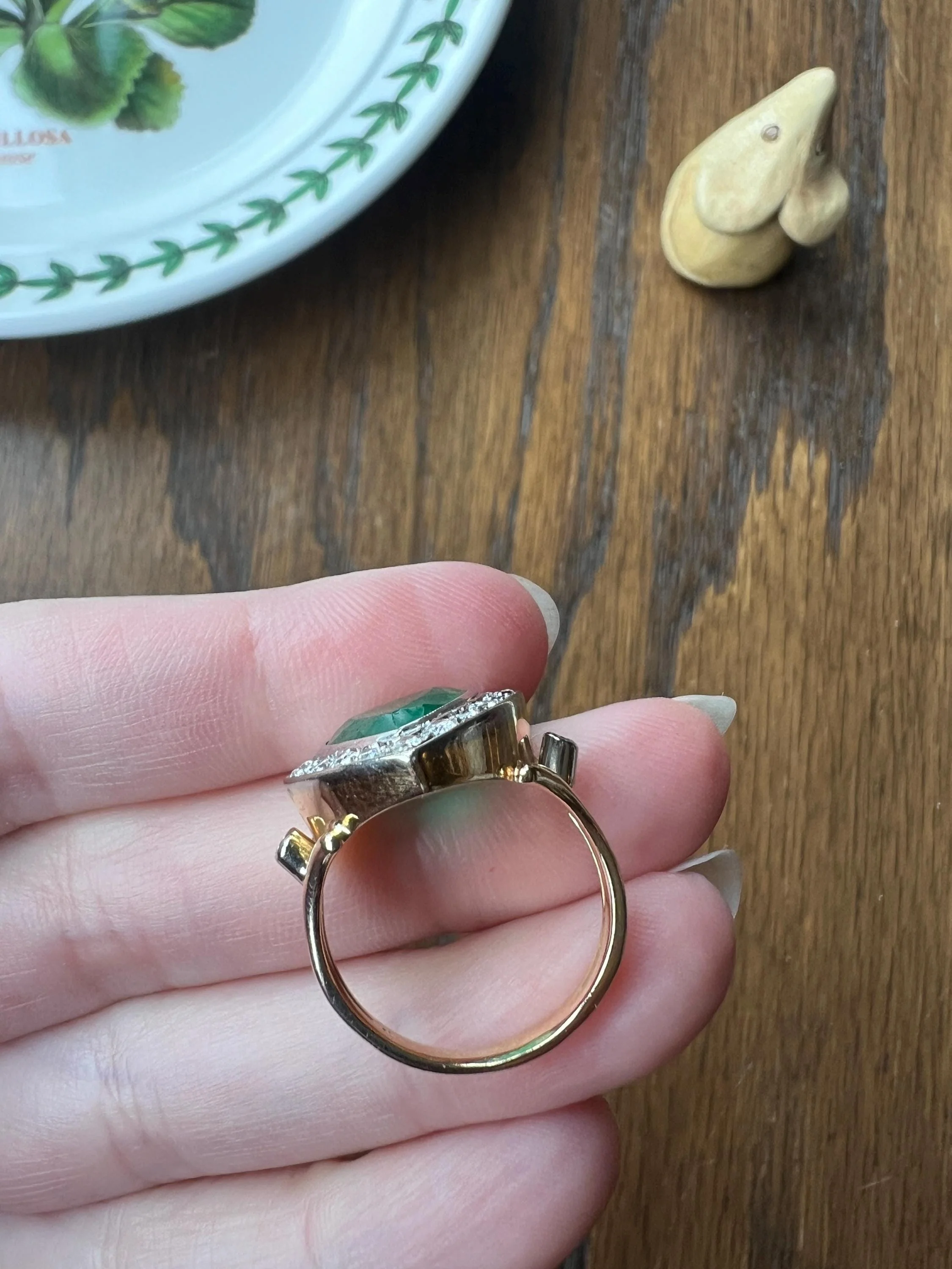 EMERALD HEART Cut French Vintage Diamond Halo Large Green Figural Ring Stacker 18k Gold - Image 10