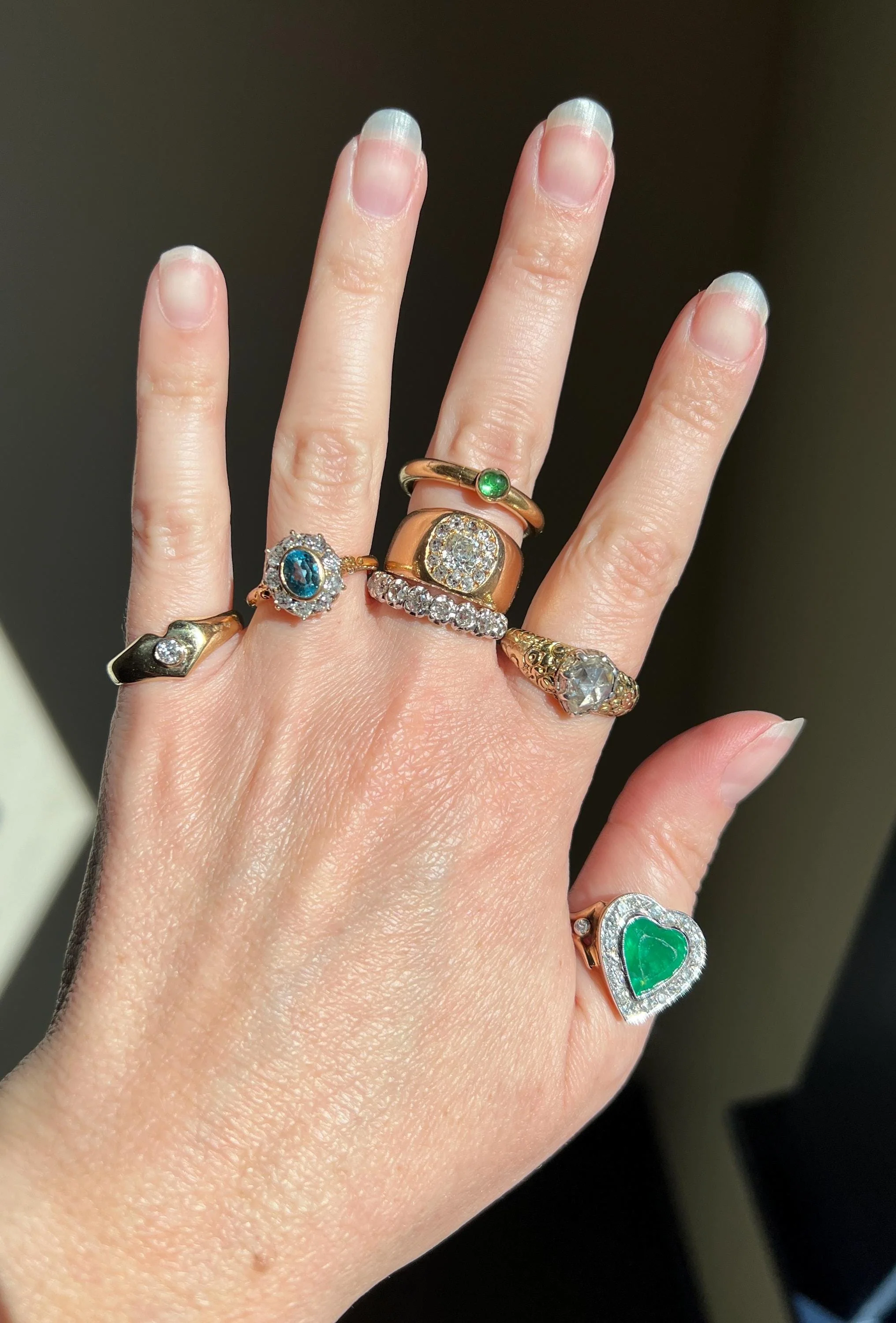 EMERALD HEART Cut French Vintage Diamond Halo Large Green Figural Ring Stacker 18k Gold - Image 7