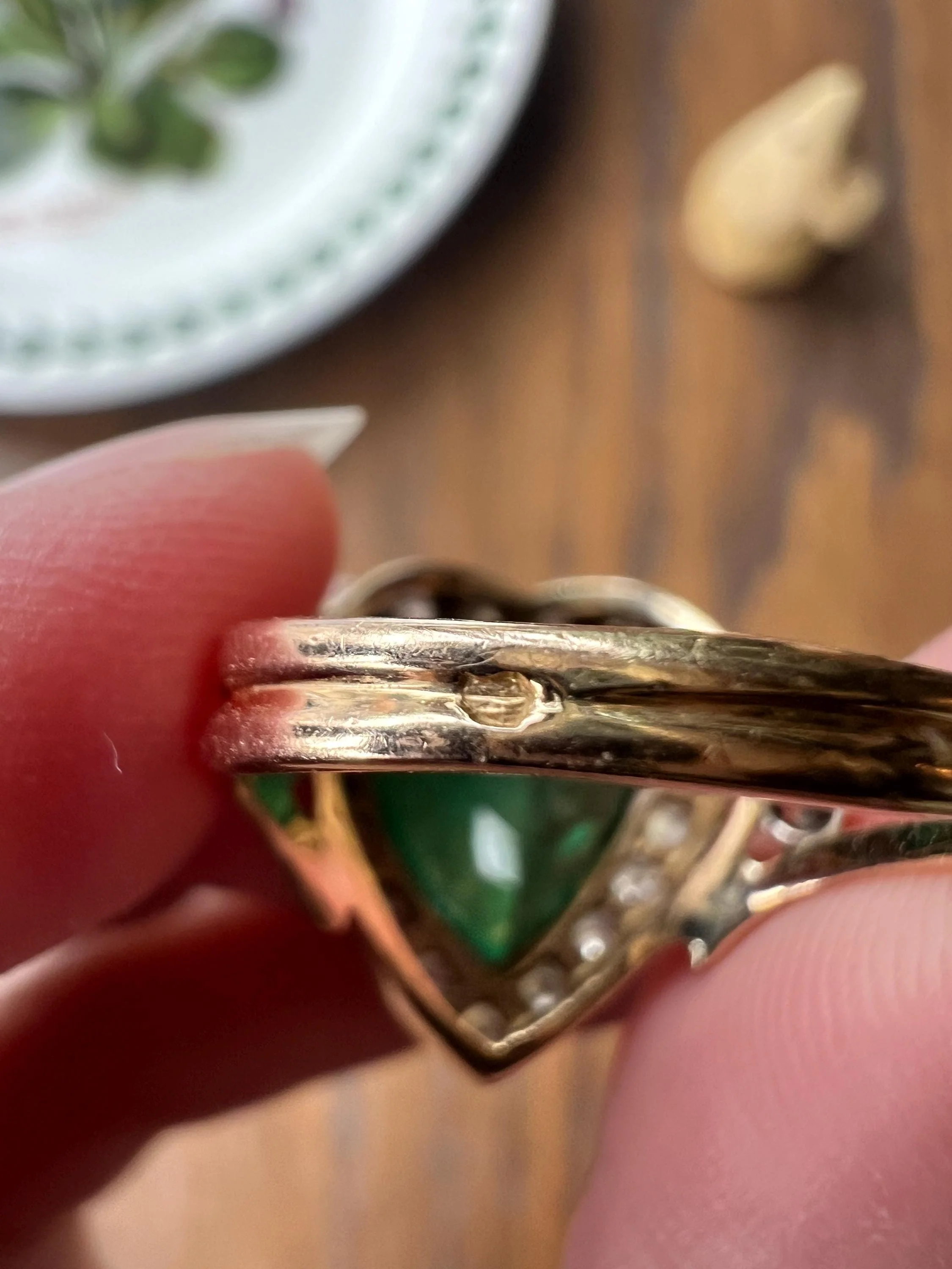 EMERALD HEART Cut French Vintage Diamond Halo Large Green Figural Ring Stacker 18k Gold - Image 8