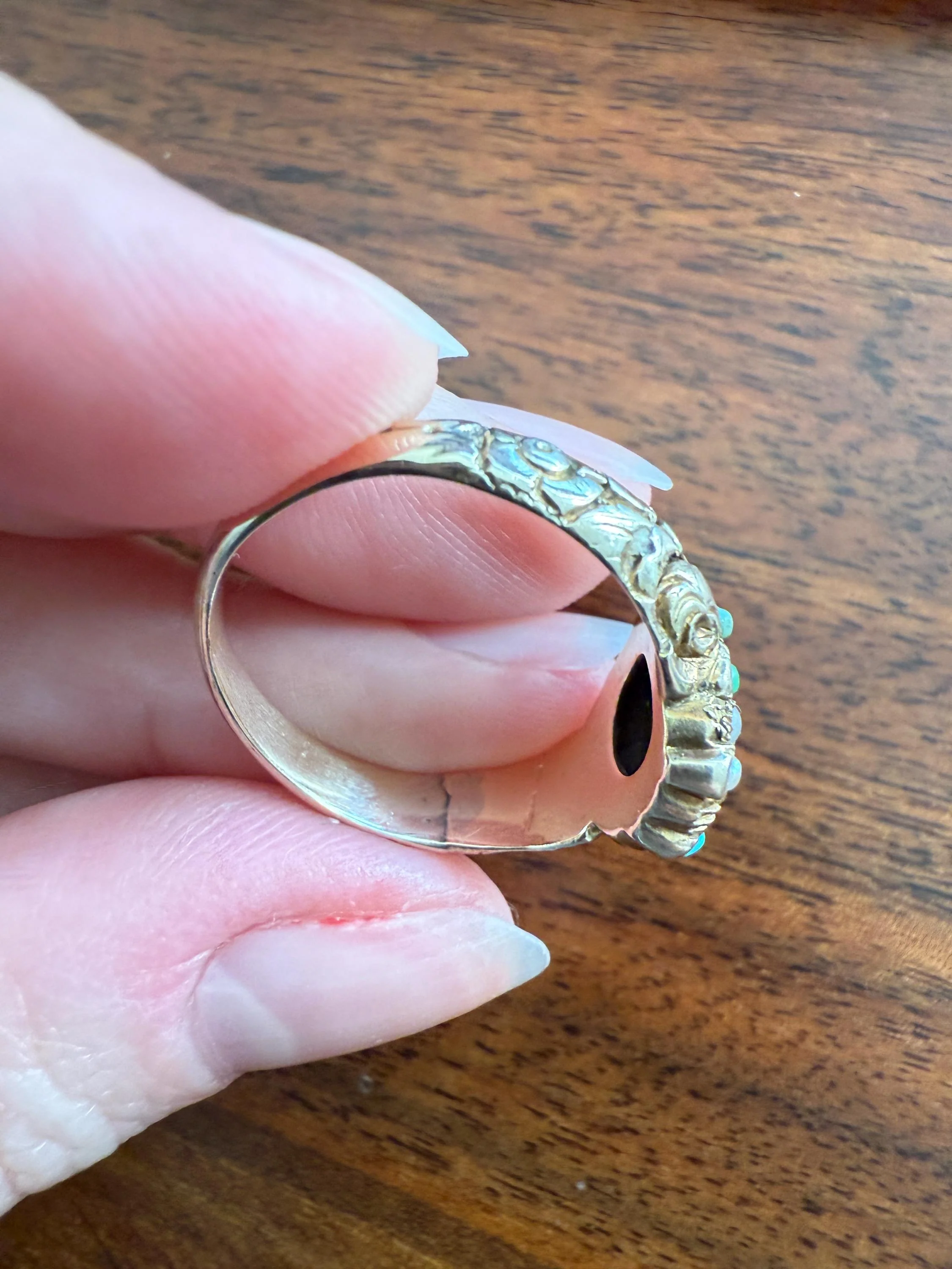 EMERALD Pearl Turquoise Georgian 10k Gold Ring Green White Floral Bouquet Embossed Shoulders Ornate Stacker Cluster - Image 19