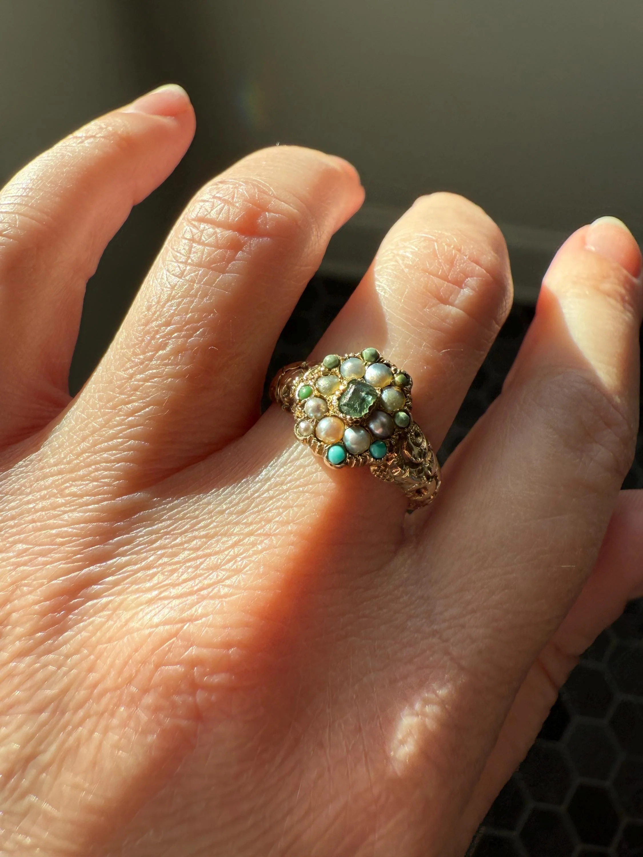 EMERALD Pearl Turquoise Georgian 10k Gold Ring Green White Floral Bouquet Embossed Shoulders Ornate Stacker Cluster - Image 8