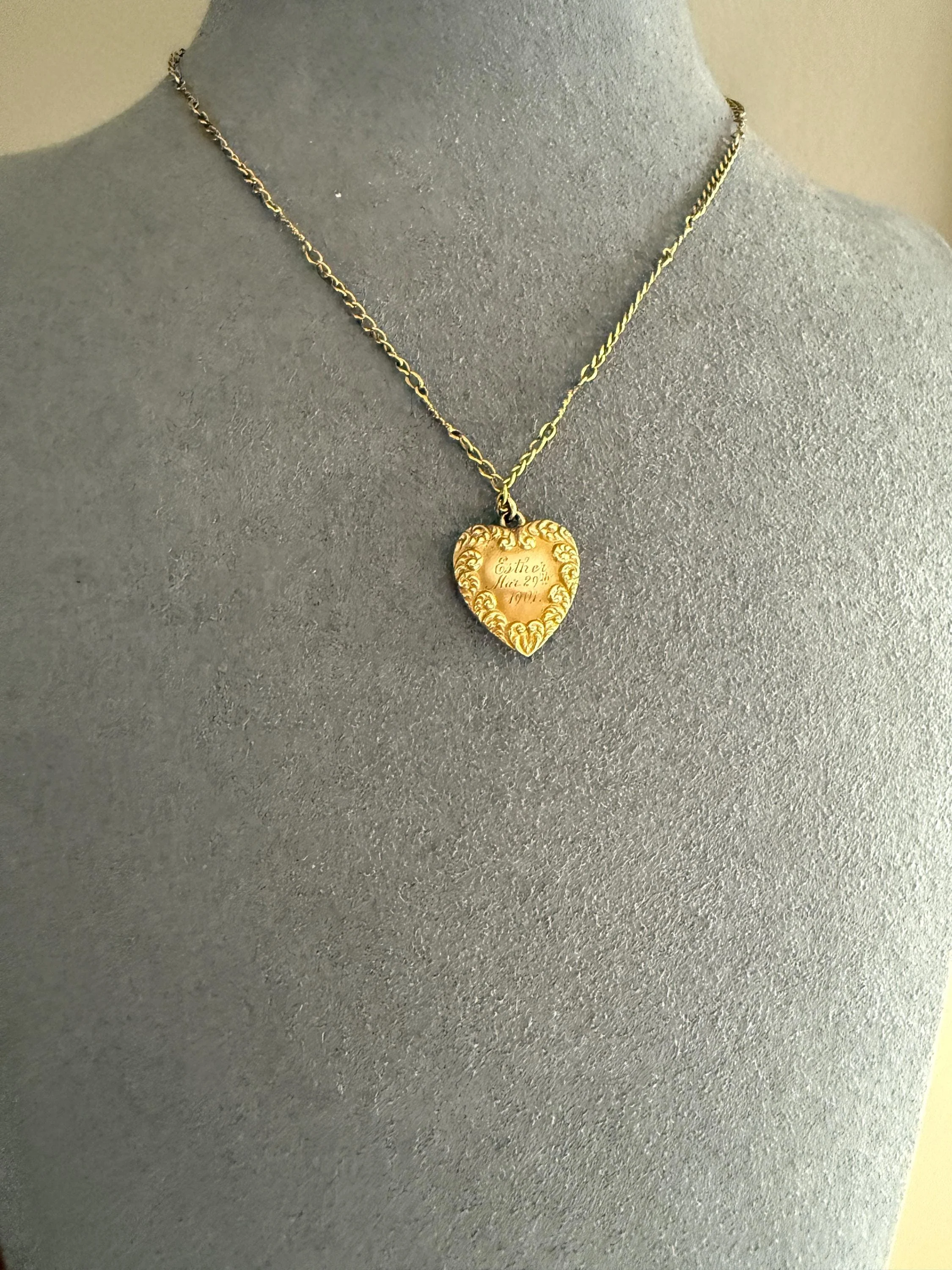 Esther's HEART Necklace Dated March 29, 1901 Reversible 10k Pendant on 14k Gold Chain Ornate Link Figural Sweetie - Image 8