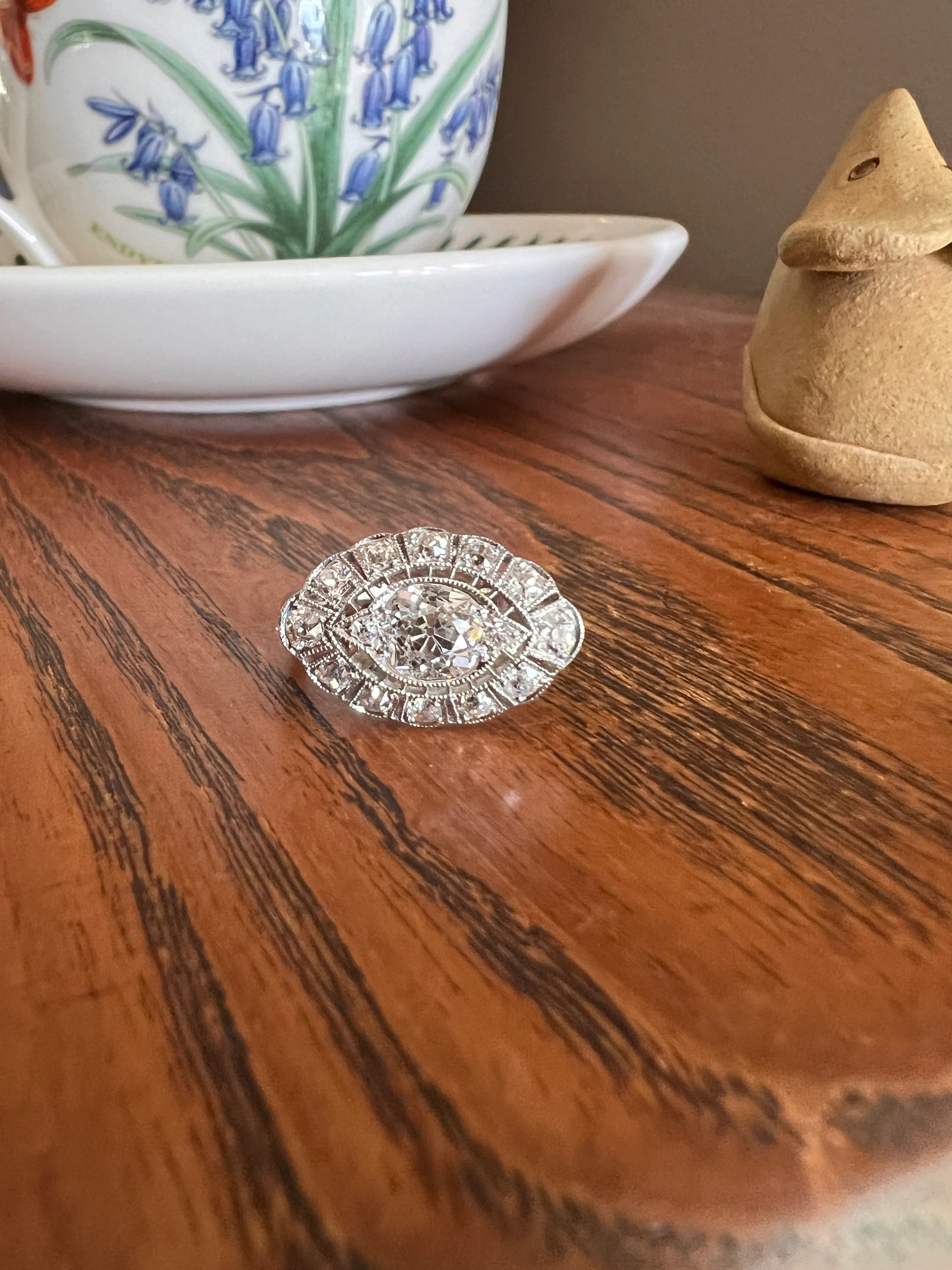 Exceptional Antique EYE CLEAN Old Mine Cut DIAMOND 1.7 Carat East West Platinum Halo Ring Edwardian Cluster - Image 14
