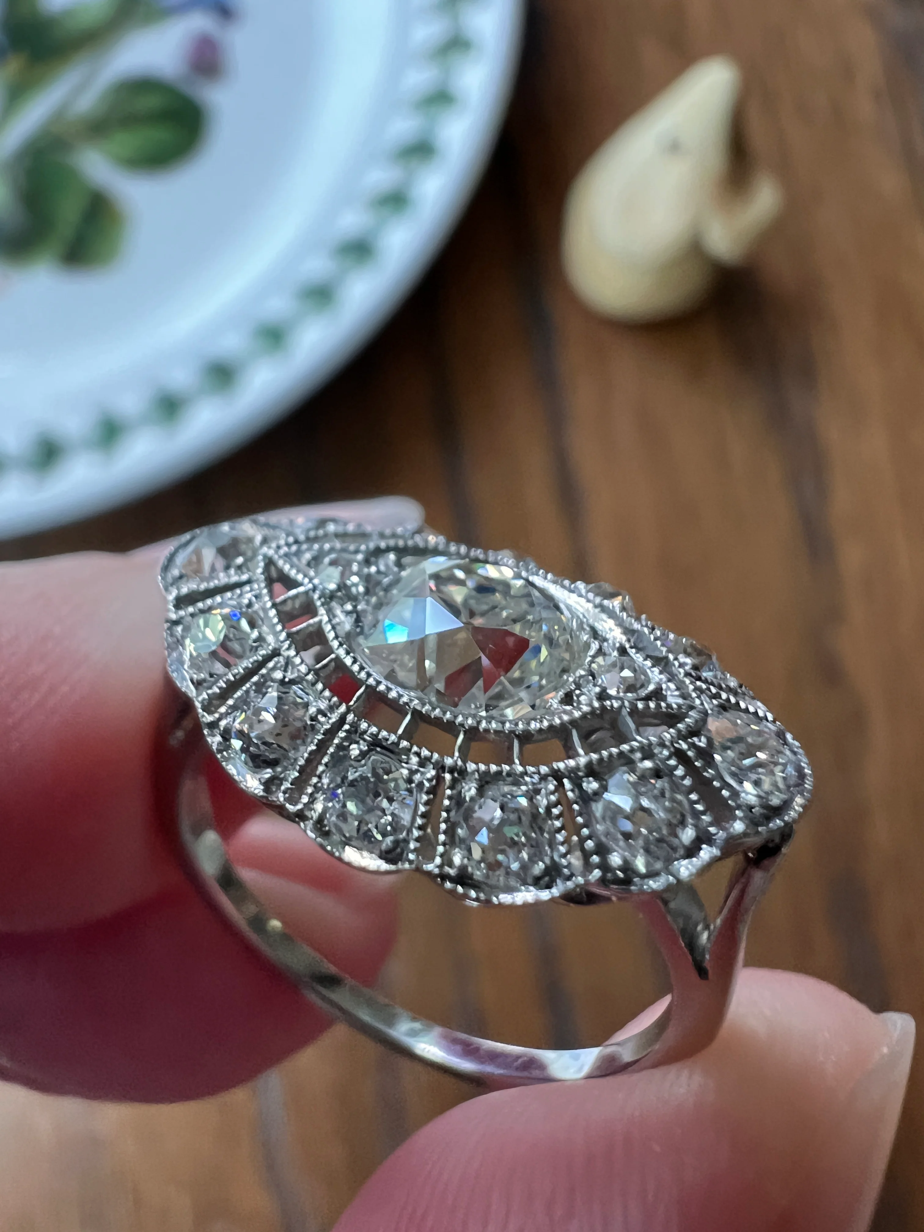 Exceptional Antique EYE CLEAN Old Mine Cut DIAMOND 1.7 Carat East West Platinum Halo Ring Edwardian Cluster - Image 15