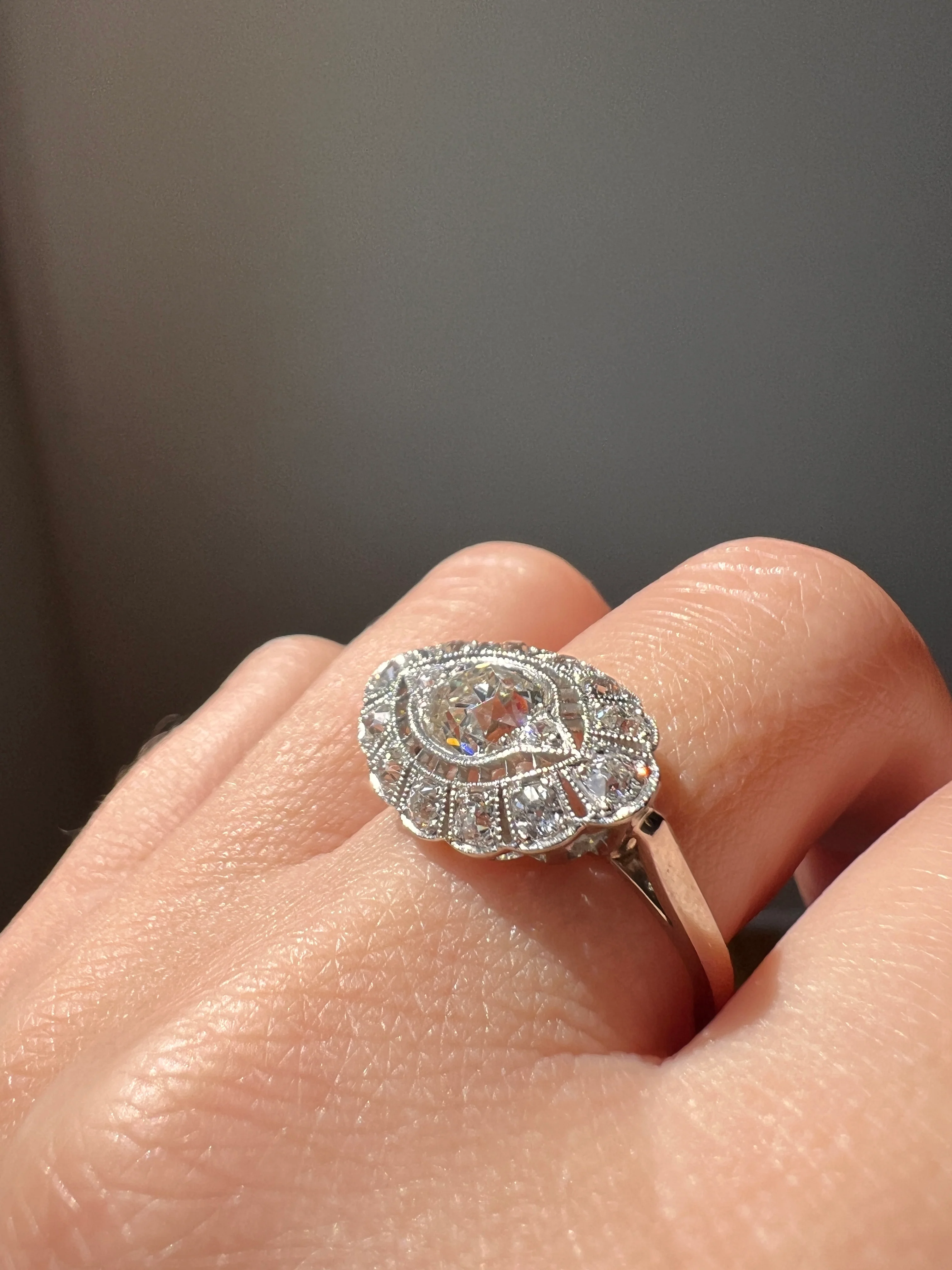 Exceptional Antique EYE CLEAN Old Mine Cut DIAMOND 1.7 Carat East West Platinum Halo Ring Edwardian Cluster - Image 16