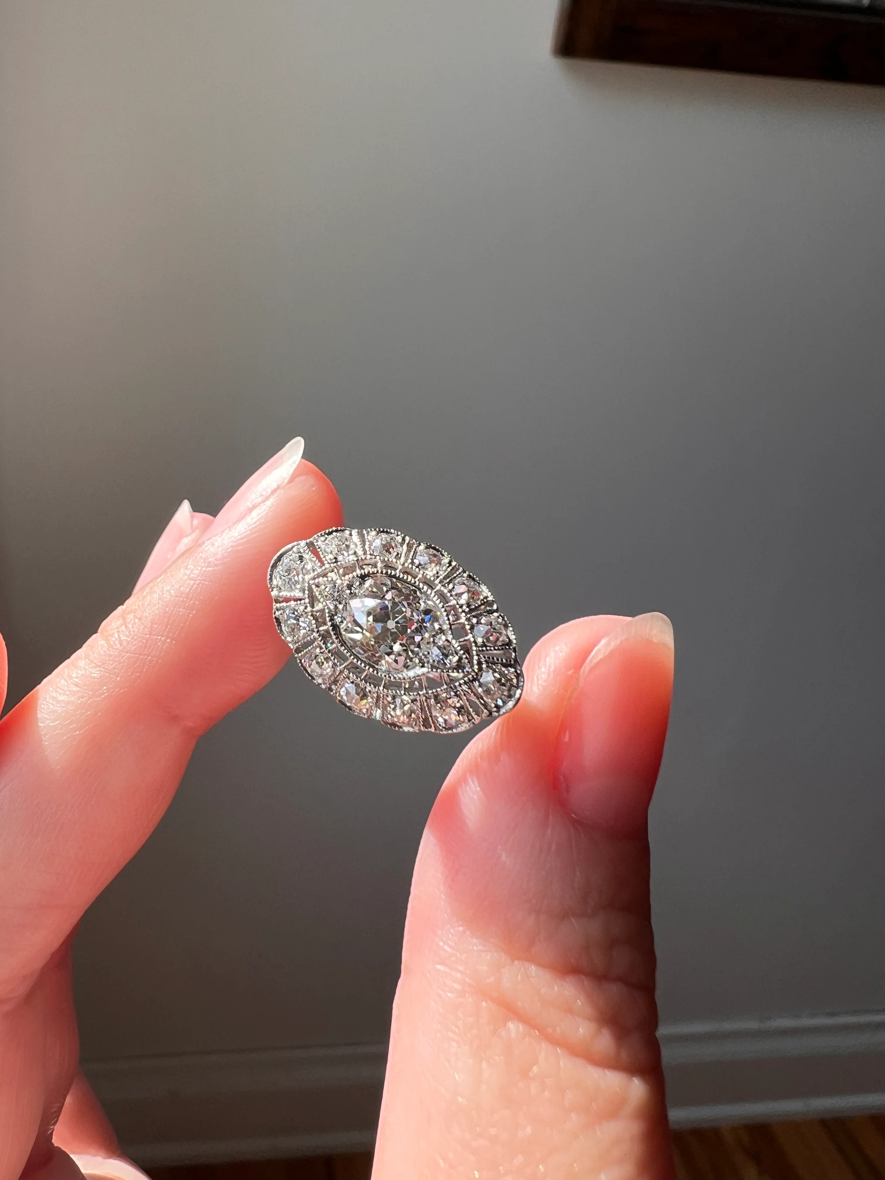 Exceptional Antique EYE CLEAN Old Mine Cut DIAMOND 1.7 Carat East West Platinum Halo Ring Edwardian Cluster - Image 17