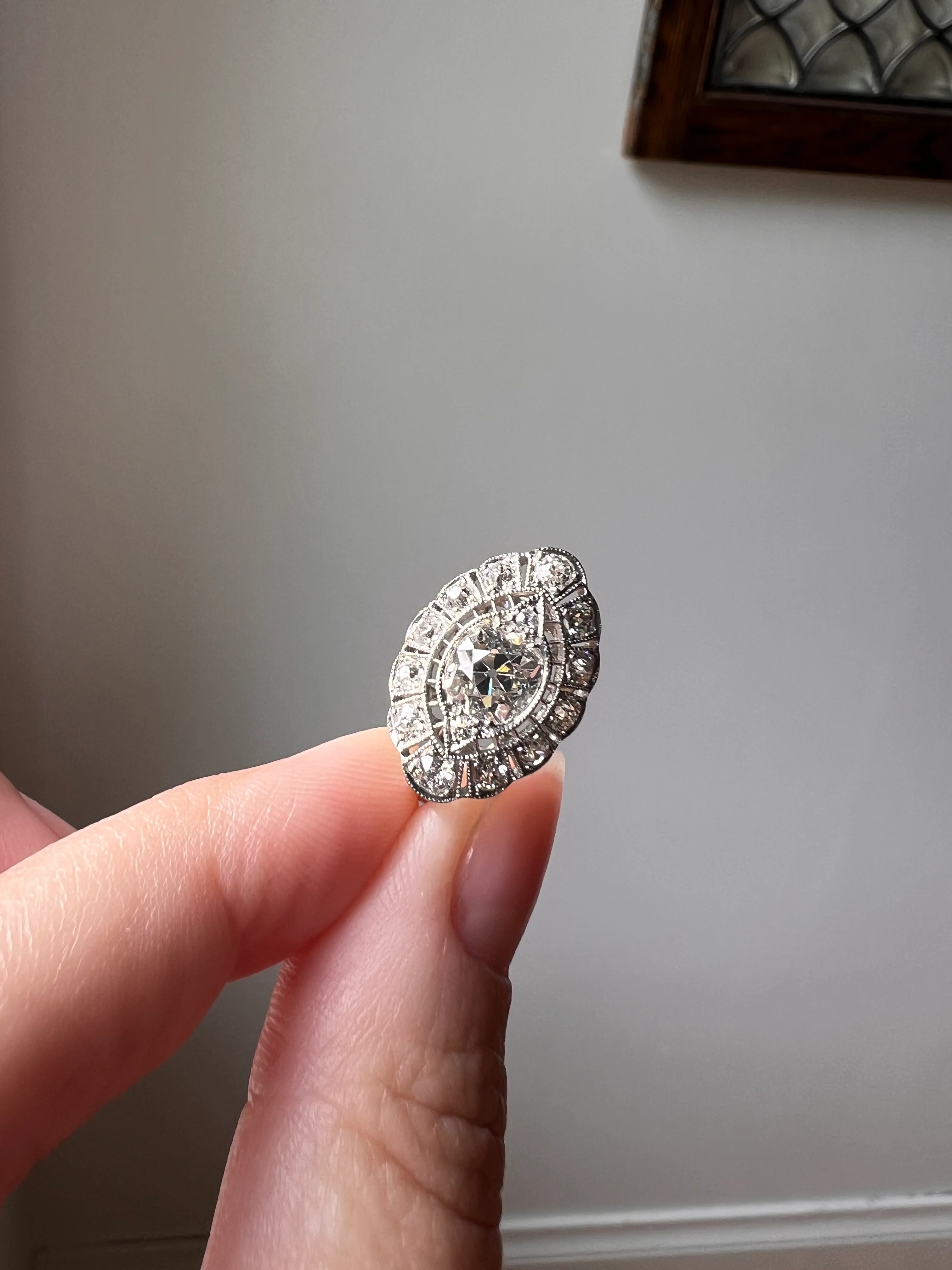 Exceptional Antique EYE CLEAN Old Mine Cut DIAMOND 1.7 Carat East West Platinum Halo Ring Edwardian Cluster - Image 18