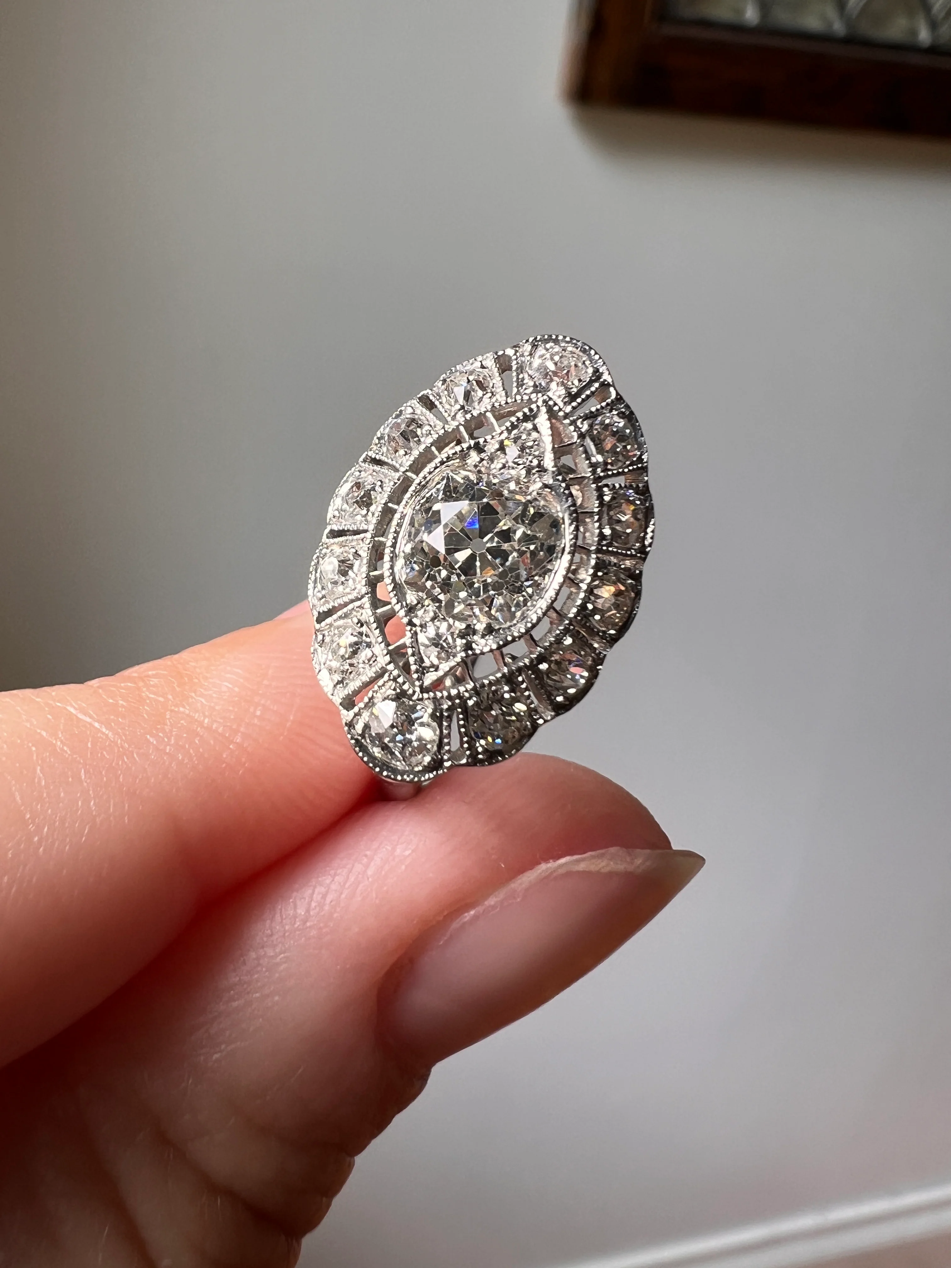 Exceptional Antique EYE CLEAN Old Mine Cut DIAMOND 1.7 Carat East West Platinum Halo Ring Edwardian Cluster - Image 19