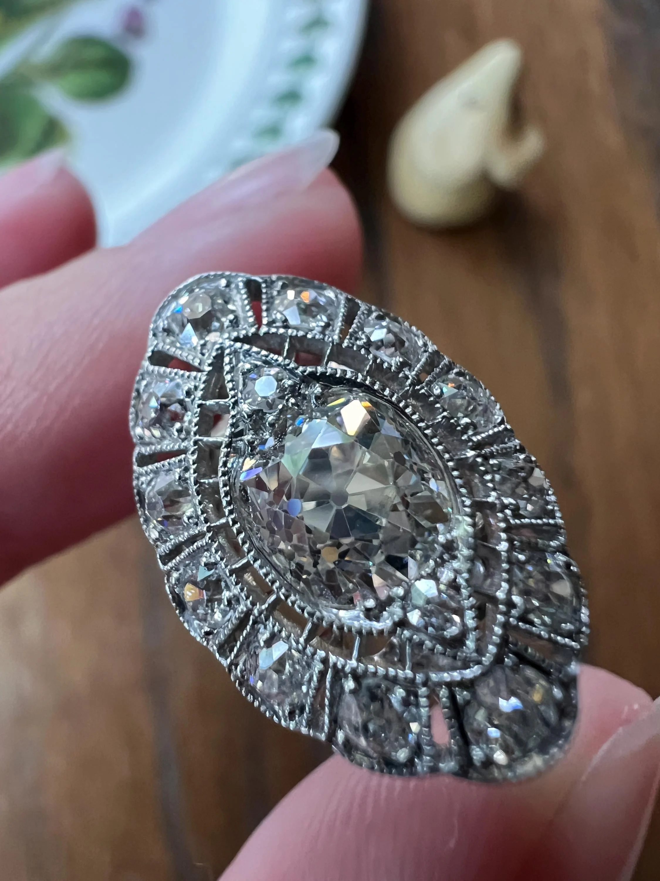 Exceptional Antique EYE CLEAN Old Mine Cut DIAMOND 1.7 Carat East West Platinum Halo Ring Edwardian Cluster - Image 2
