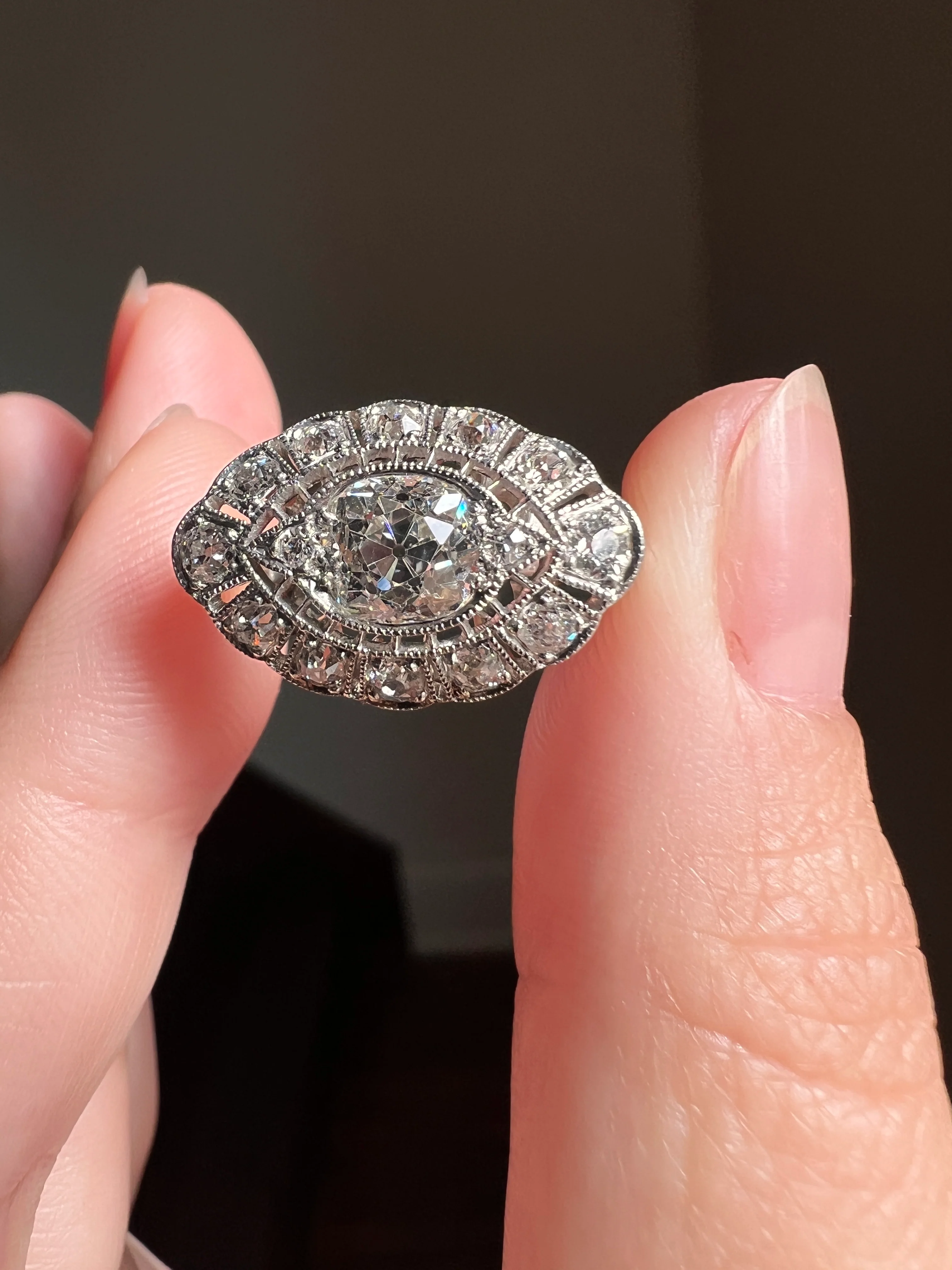Exceptional Antique EYE CLEAN Old Mine Cut DIAMOND 1.7 Carat East West Platinum Halo Ring Edwardian Cluster - Image 20