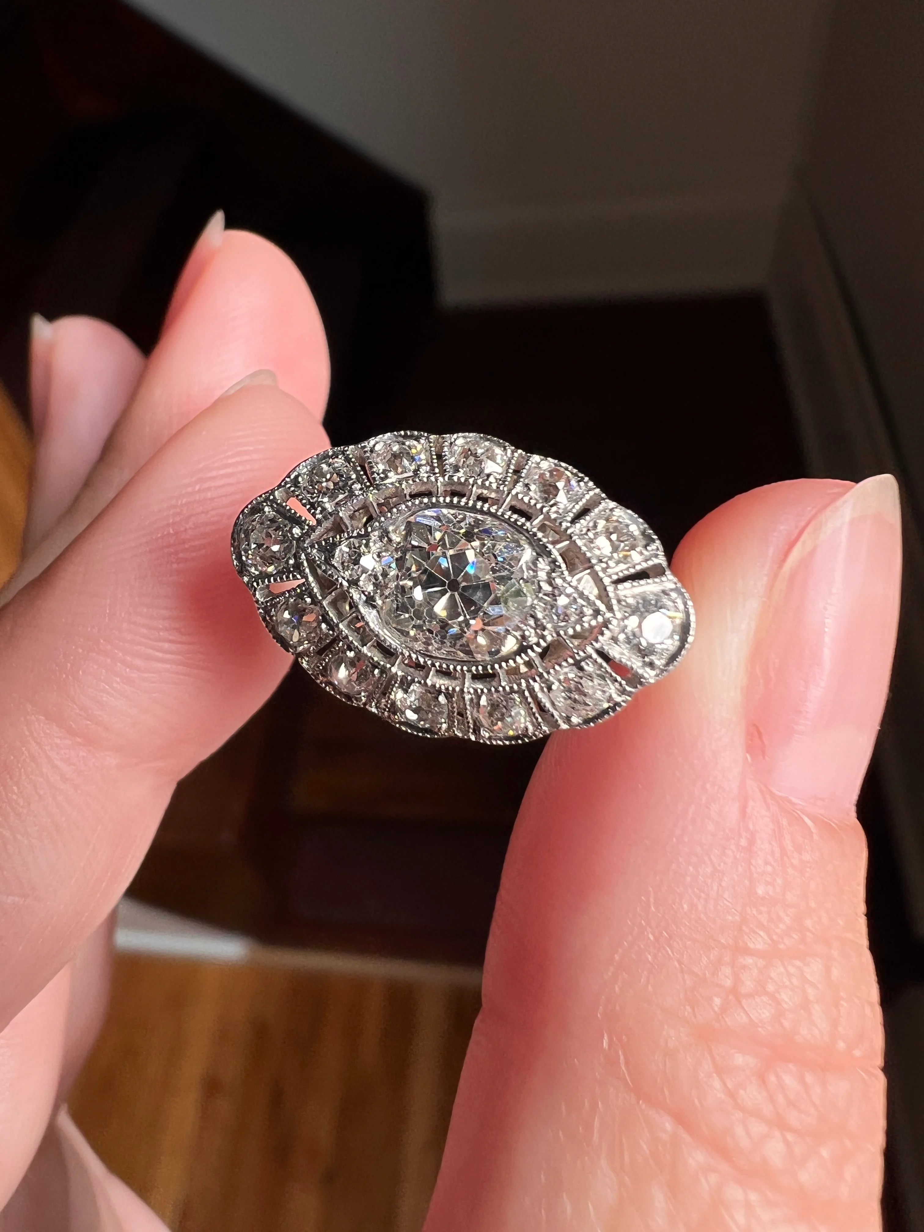 Exceptional Antique EYE CLEAN Old Mine Cut DIAMOND 1.7 Carat East West Platinum Halo Ring Edwardian Cluster - Image 21