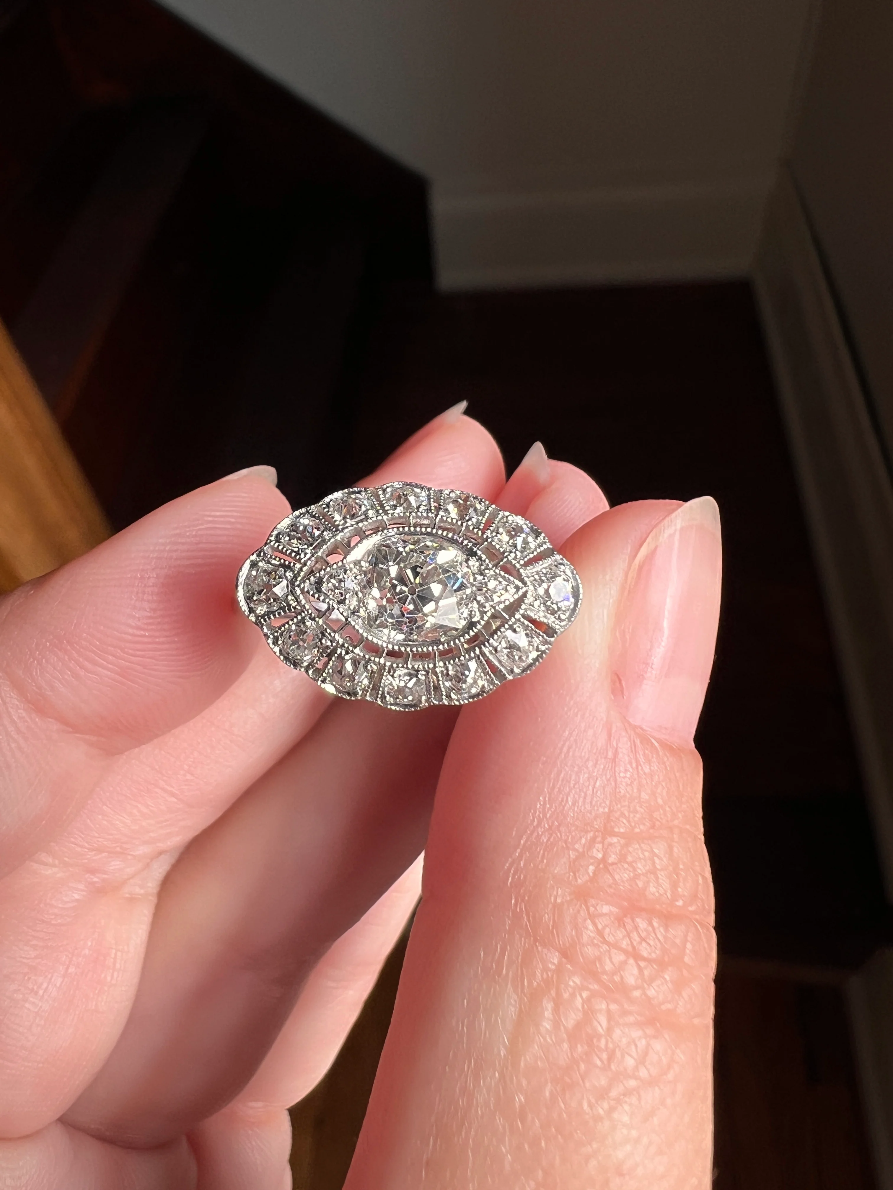 Exceptional Antique EYE CLEAN Old Mine Cut DIAMOND 1.7 Carat East West Platinum Halo Ring Edwardian Cluster - Image 22